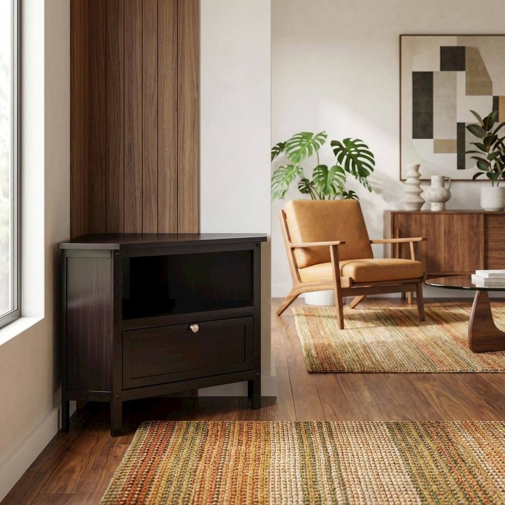 Alt View 4. FurniFact - Solid Wood Corner TV Stand With Storage Flip Down Door And Open Shelf - Espresso.