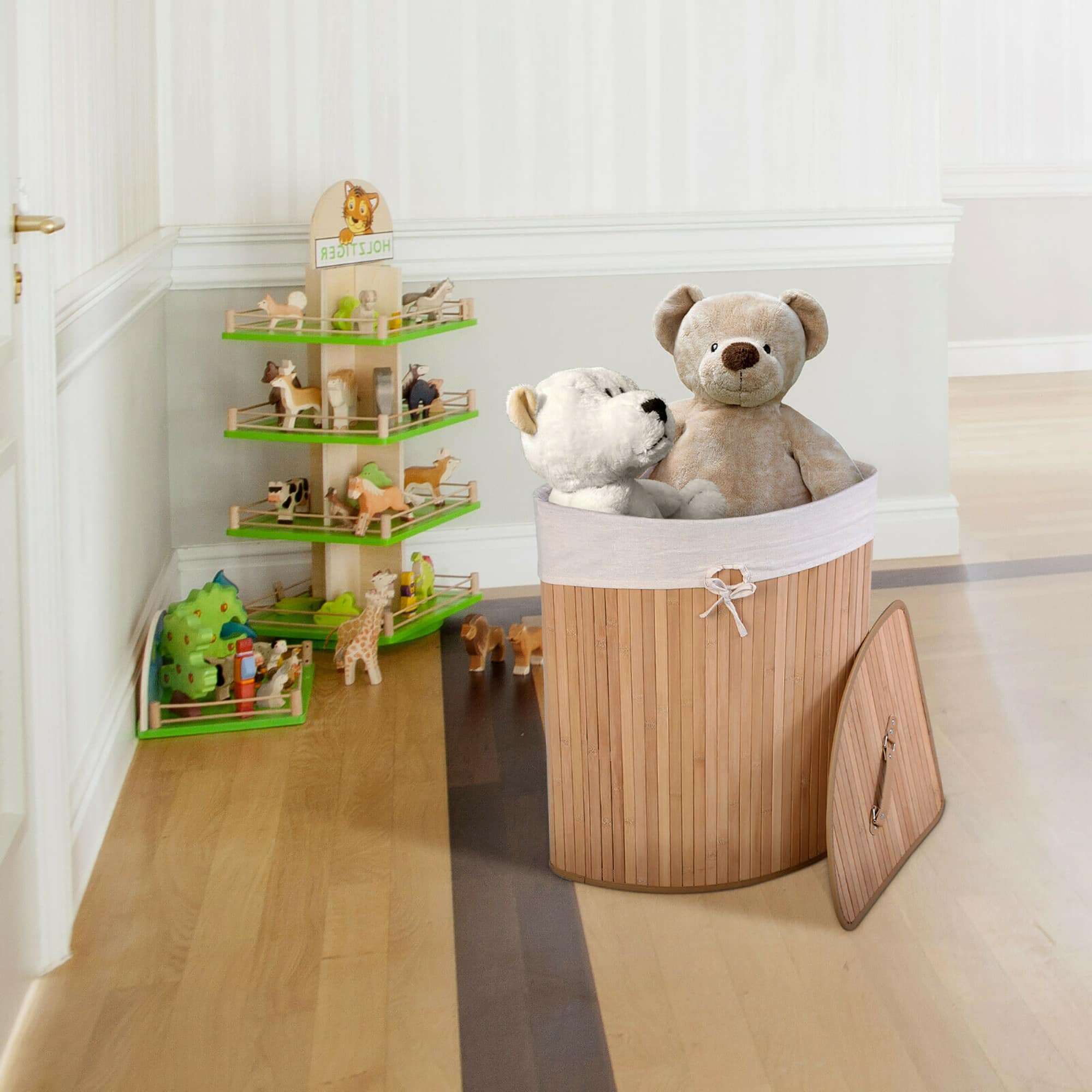 Alt View 14. Costway - Corner Bamboo Hamper Laundry Basket Washing Cloth Bin Storage Bag Lid - Natural.