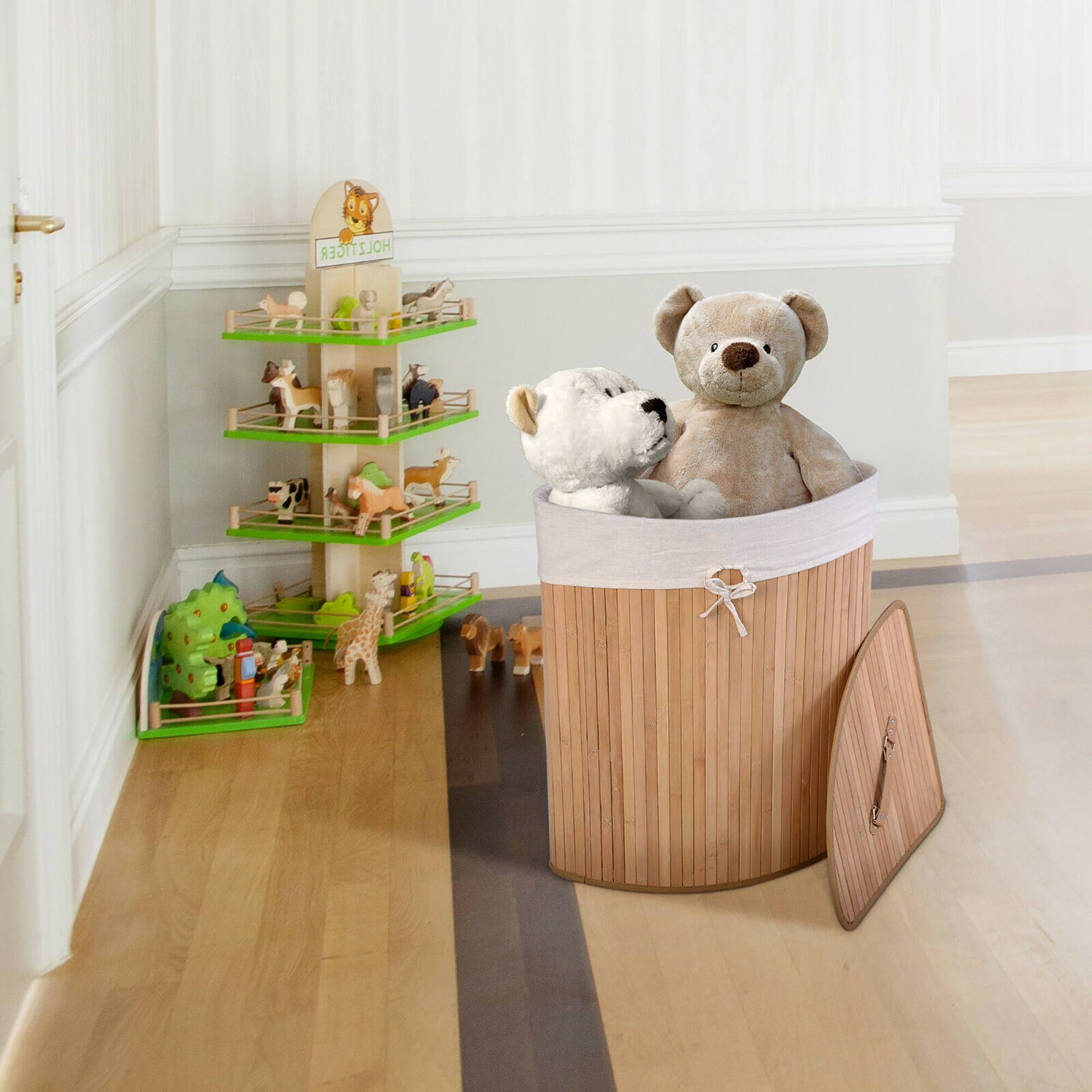 Alt View 14. Costway - Corner Bamboo Hamper Laundry Basket Washing Cloth Bin Storage Bag Lid - Natural.