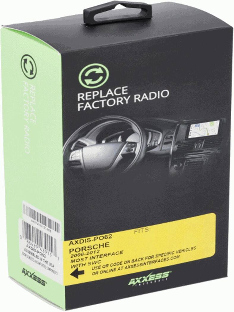 The text on the image is grouped and corrected as follows:

"Replace Radio Factory"
"Fits: D29 AXDIS-PO62 AXDIS-POS2 43915 Porsche 2008-2012 vehicles"
"Interface for specific in 7 most back the SWC code"
"Axxess Interfaces.com on USA with use QR online at or Axxess"
"Axxess"
"In-Peg date"