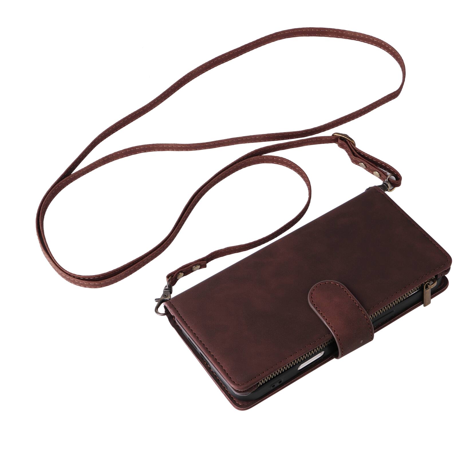 Alt View 5. UUCOVER - Wallet Case for Apple iPhone 18 Pro with Card Slots Cash Holder, Zipper Pocket, Wrist & Shoulder Strap, Flip Stand Cover - Coffee.