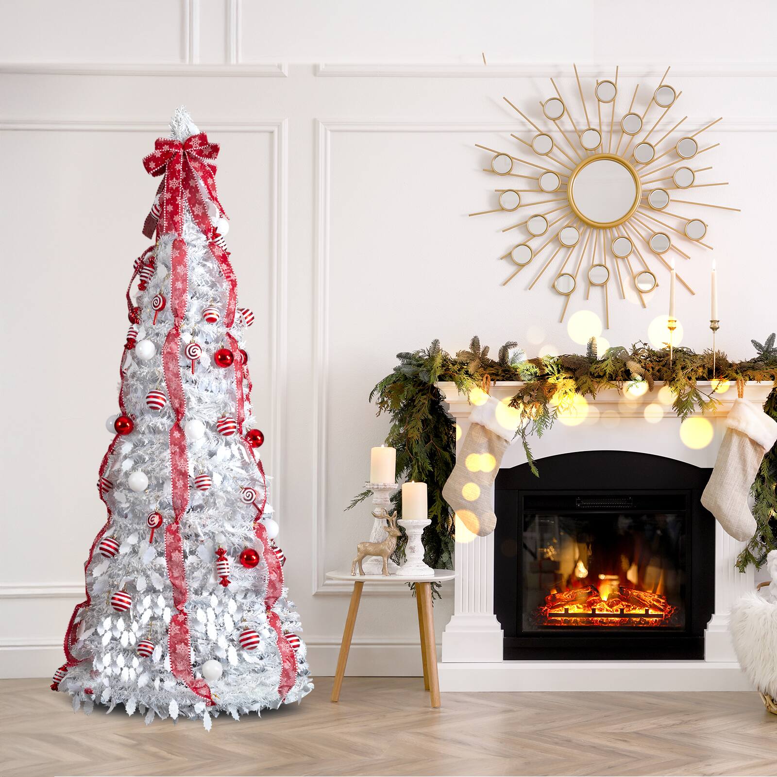 Alt View 2. VAVSEA - 6 ft Fully Decorated Pre-Lit Pop Up Christmas Tree with 100 Warm Lights & Red Ornaments for Holiday Decor, White - White.