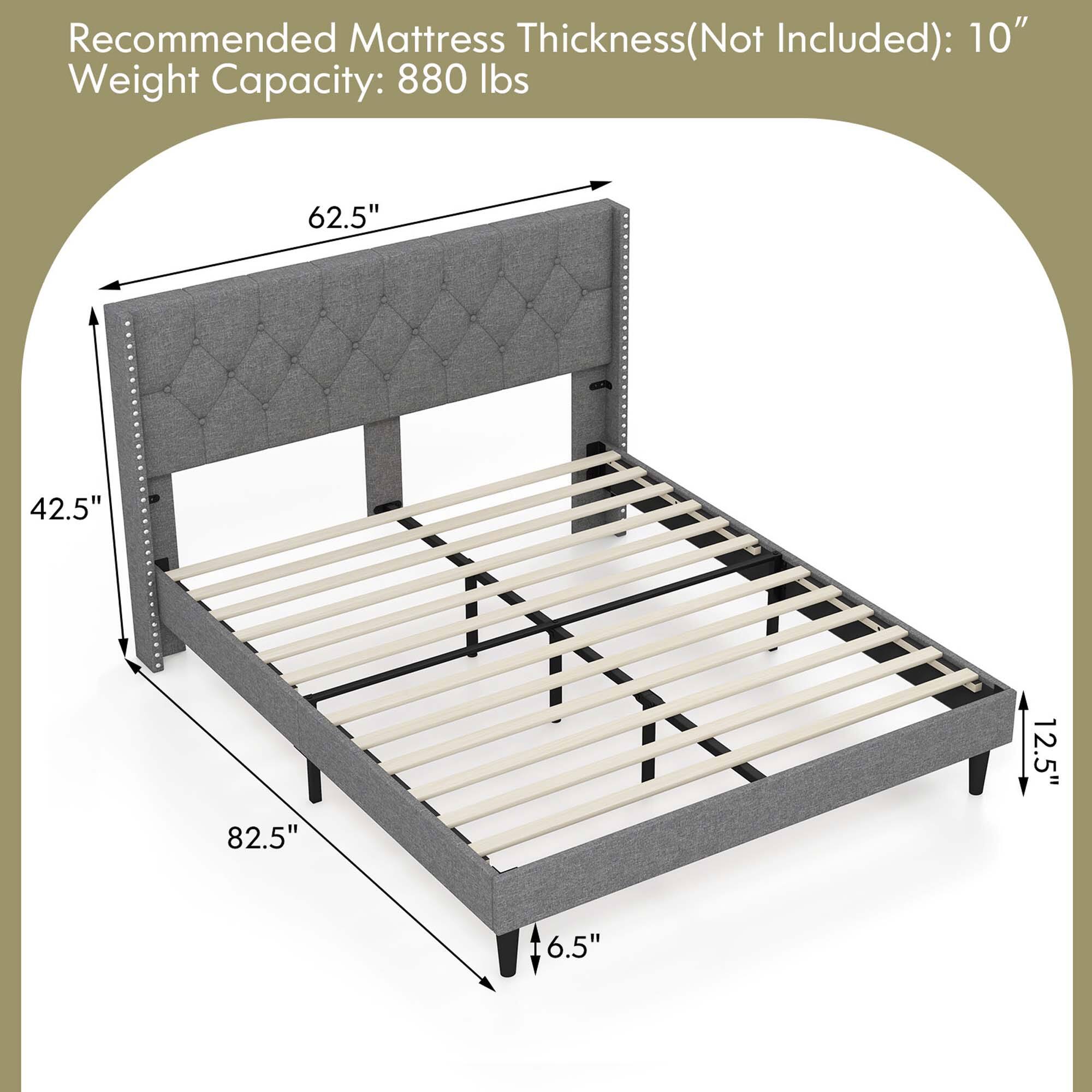 Recommended Mattress Thickness (Not Included): 10"  
Weight Capacity: 880 lbs  

62.5"  
42.5"  
82.5"  
12.5"  
6.5"