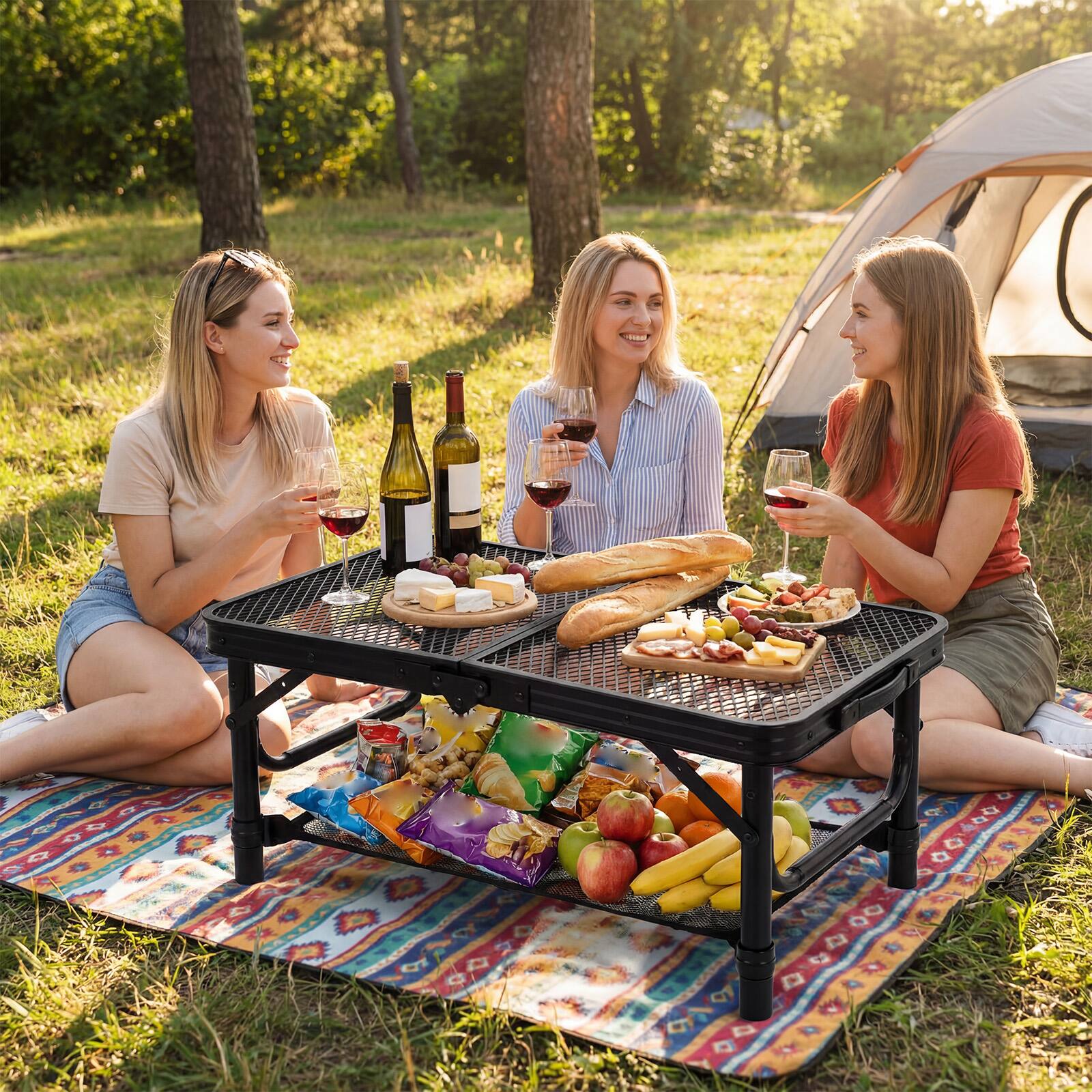 Alt View 3. Gymax - Gymax 2 FT Small Folding Camping Table w/3 Adjustable Heights Storage Net Carry Handle - Black.