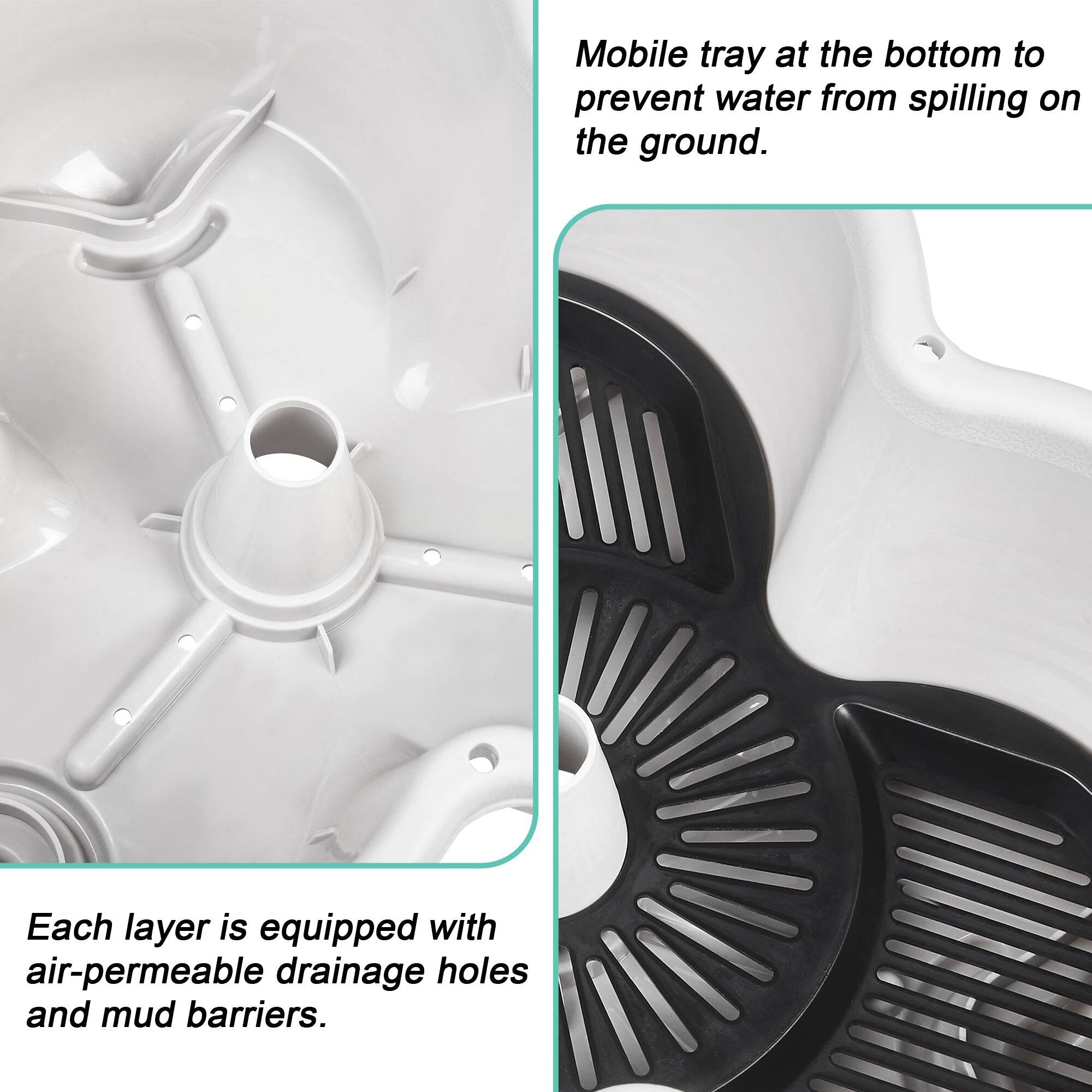 Mobile tray at the bottom to prevent water from spilling on the ground.

Each layer is equipped with air-permeable drainage holes and mud barriers.