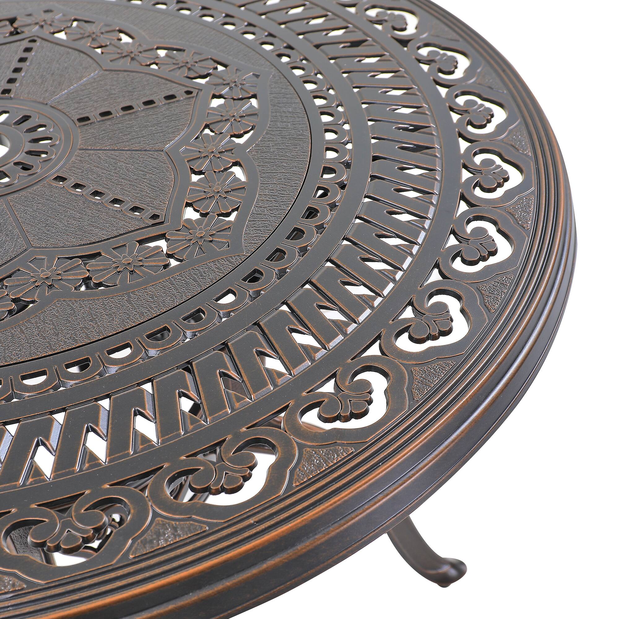 Back. Mondawe - Outdoor Cast Aluminum Round Table with Umbrella Hole - Bronze.