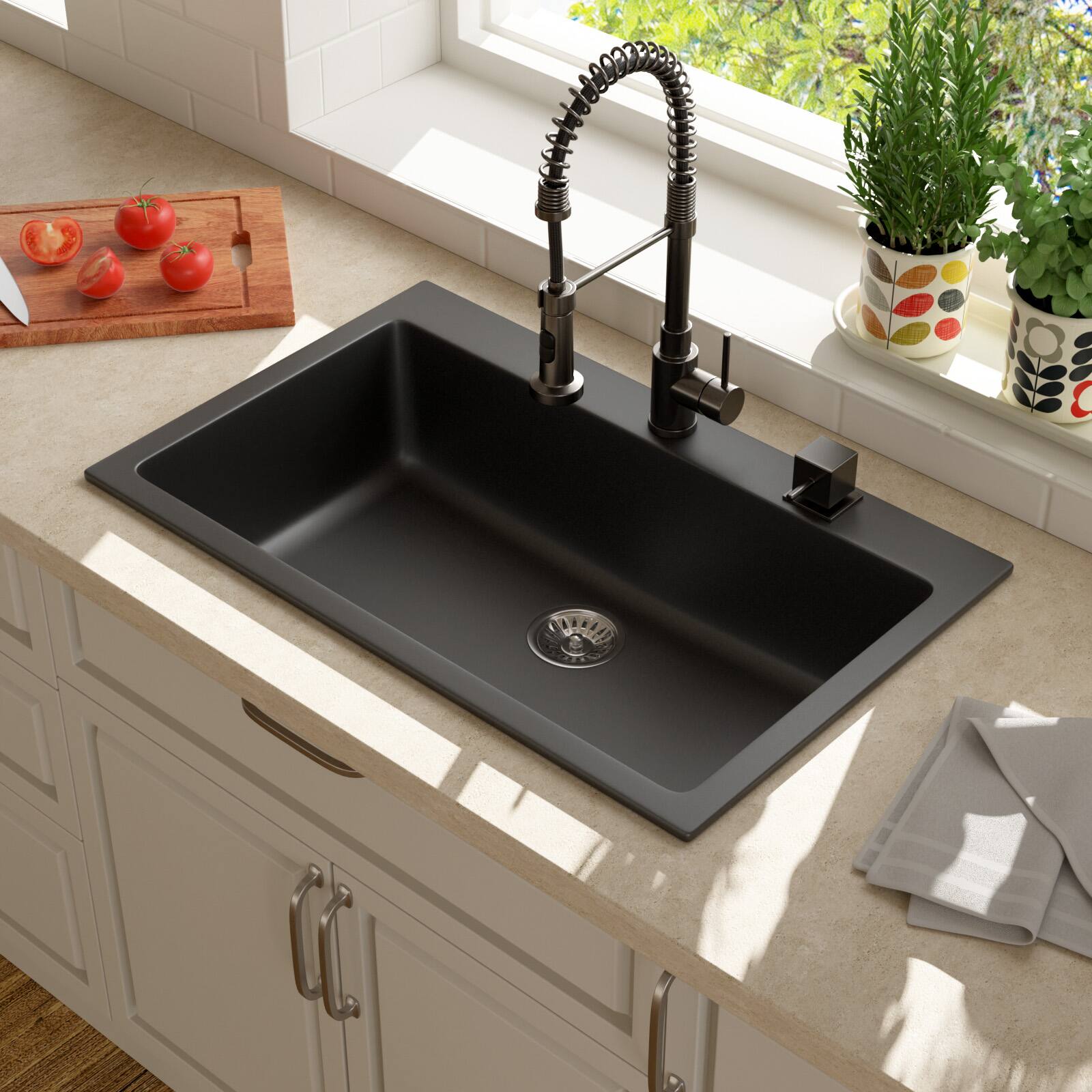 Alt View 4. Lordear - 33x22x10 Inch Black Granite Composite Drop In kitchen Sink Single Bowl Quartz Kitchen Sink - Black.