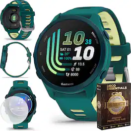 Bundle - Garmin - Forerunner 170 Music GPS Smartwatch 43 mm + Screen Protector & 26-Month Extended Warranty Protection - Teal Green/Citron - (2026)