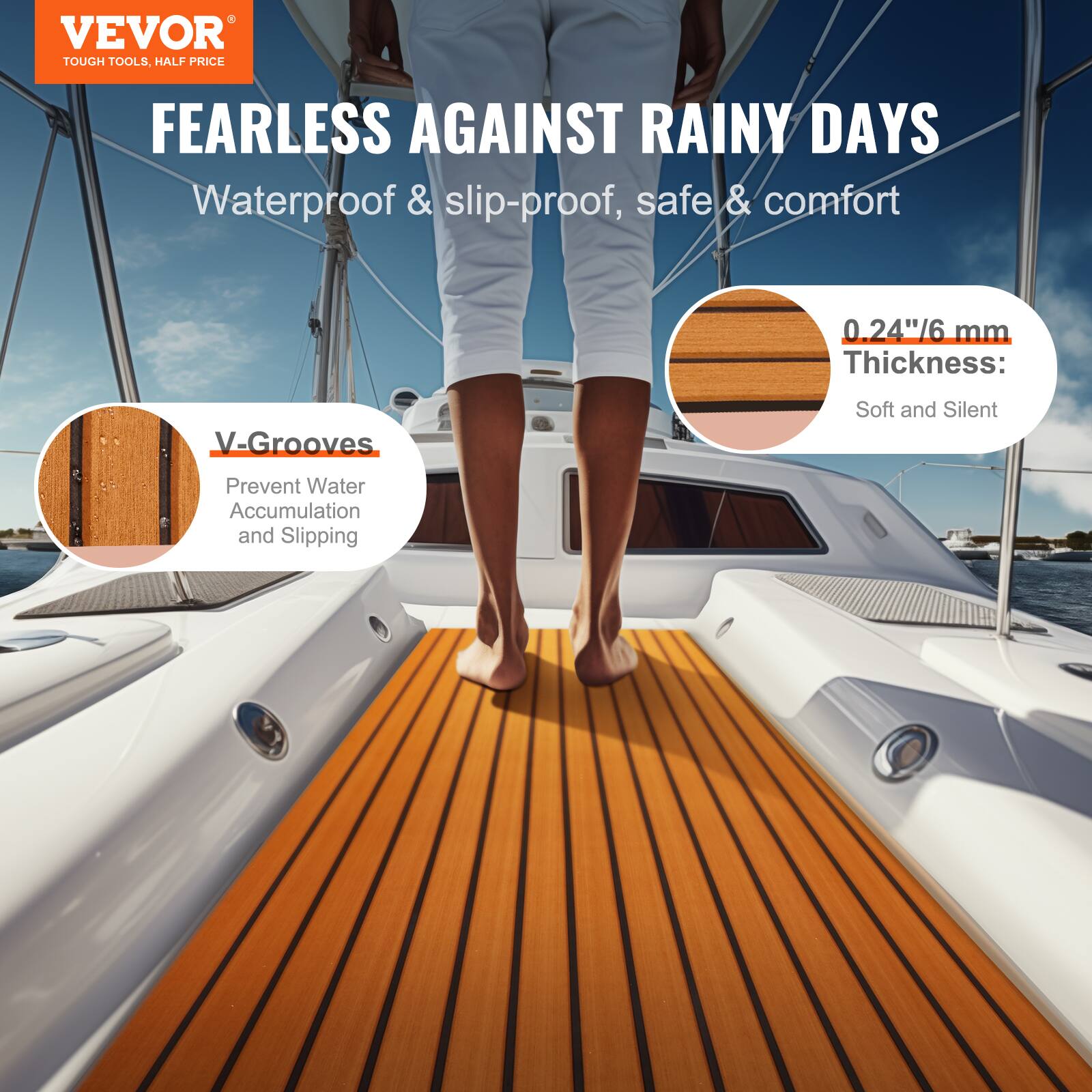VEVOR  
TOUGH TOOLS, HALF PRICE  

FEARLESS AGAINST RAINY DAYS  
Waterproof & slip-proof, safe & comfort  

V-Grooves  
Prevent Water Accumulation and Slipping  

0.24"/6 mm Thickness:  
Soft and Silent