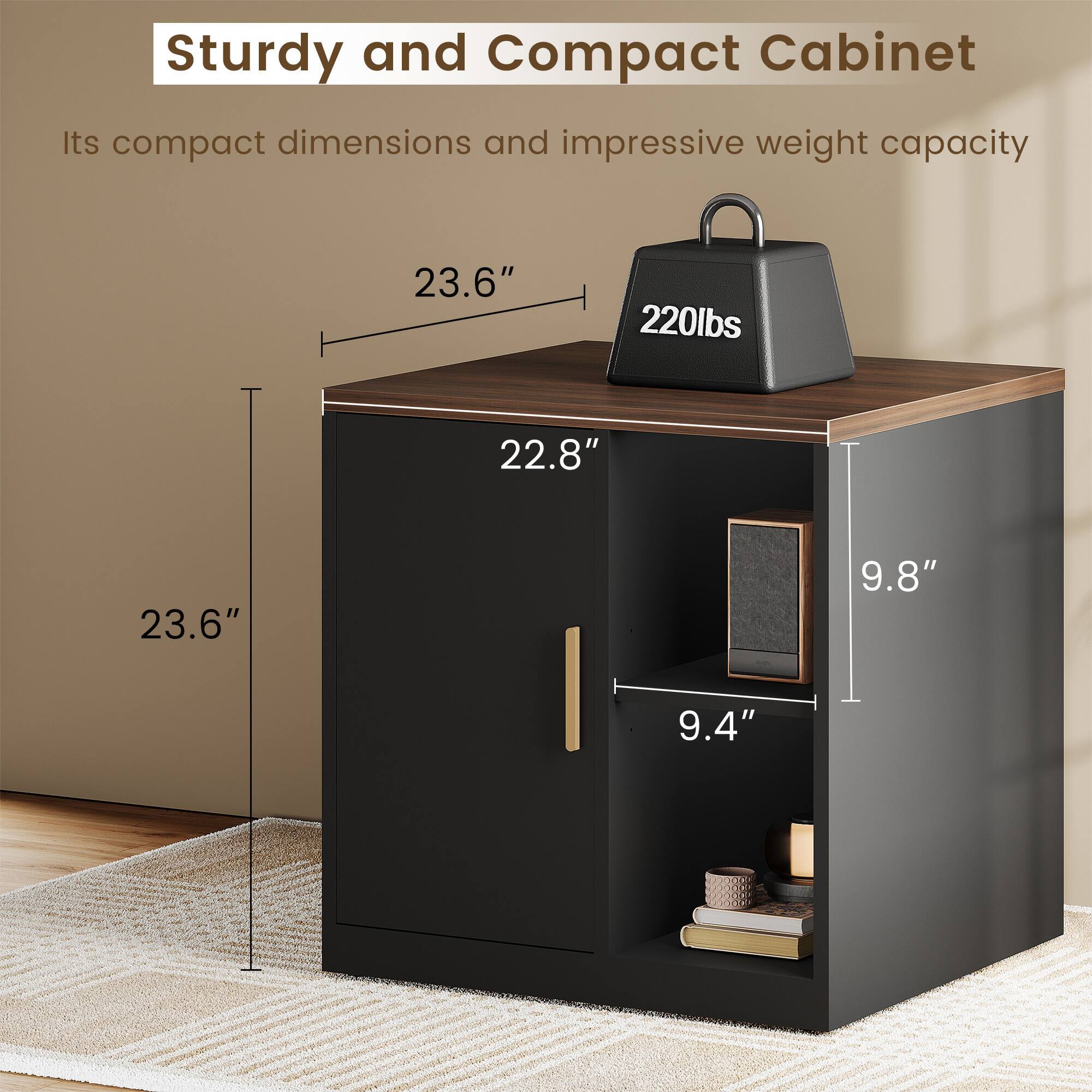 Sturdy and Compact Cabinet

Its compact dimensions and impressive weight capacity

23.6" x 22.8" x 9.8" x 9.4"

220lbs