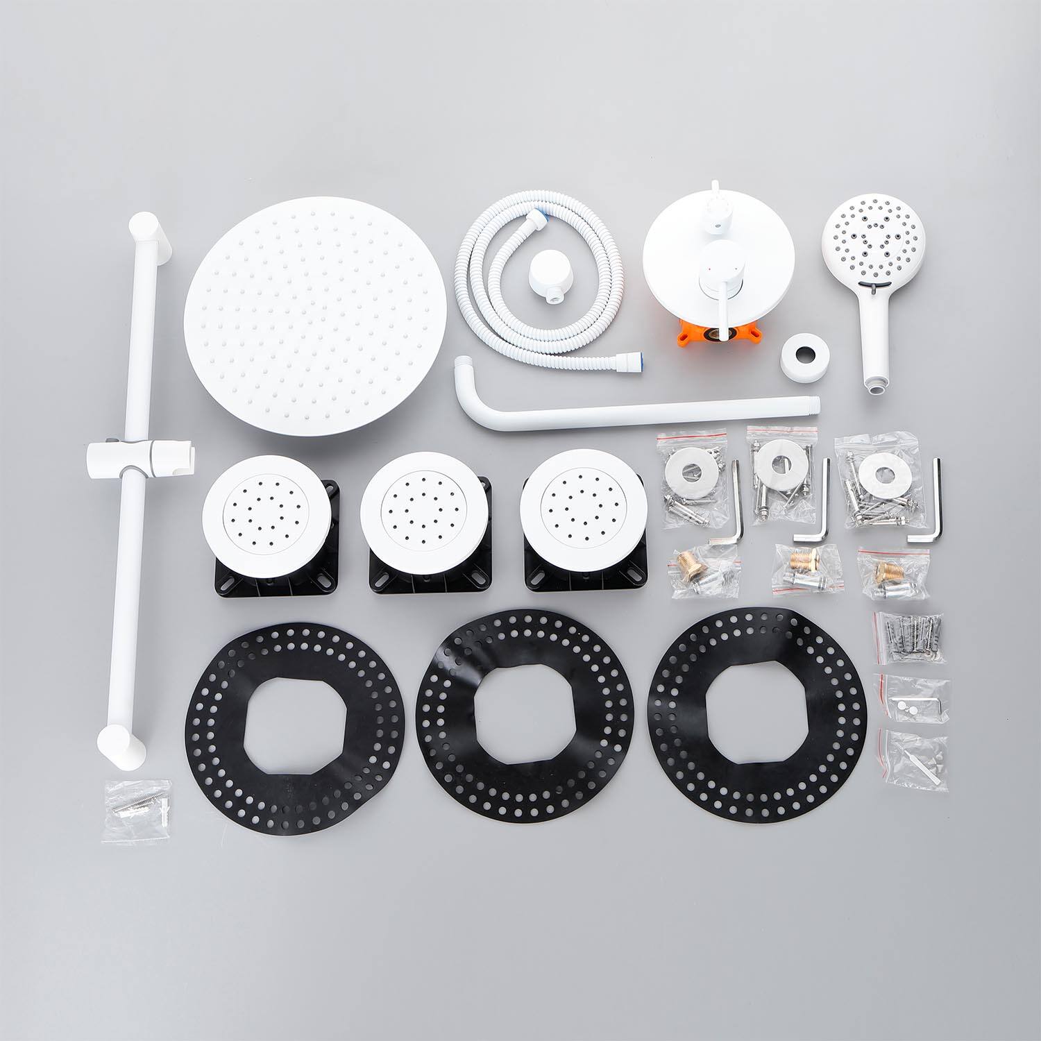 Alt View 9. DOMETOUR - 12" Round Rainfall Shower System with Handle Shower and with 3 Body Spray (include Valve) - White.