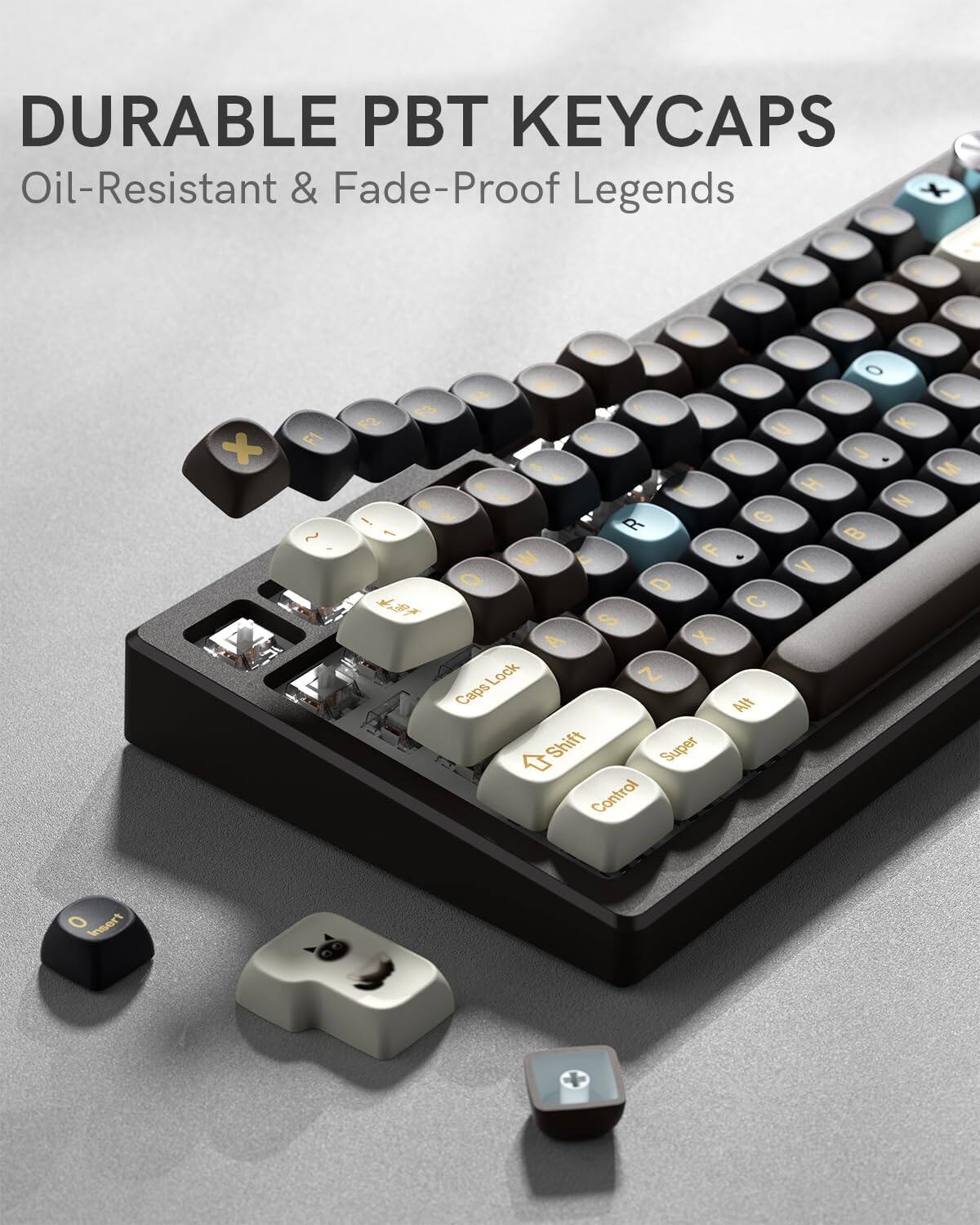 DURABLE PBT KEYCAPS  
Oil-Resistant & Fade-Proof Legends  

F1 ~ a O - L F3 F2 2 K Y M . H N - R G 1 B W C F & Q V D C S A X Lock Z Caps Alt Shift Super Control 0 Insert +
