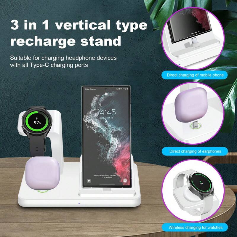 3 in 1 vertical type recharge stand  
Suitable for charging headphone devices with all Type-C charging ports  
Direct charging of mobile phone  
Direct charging of earphones  
Wireless charging for watches