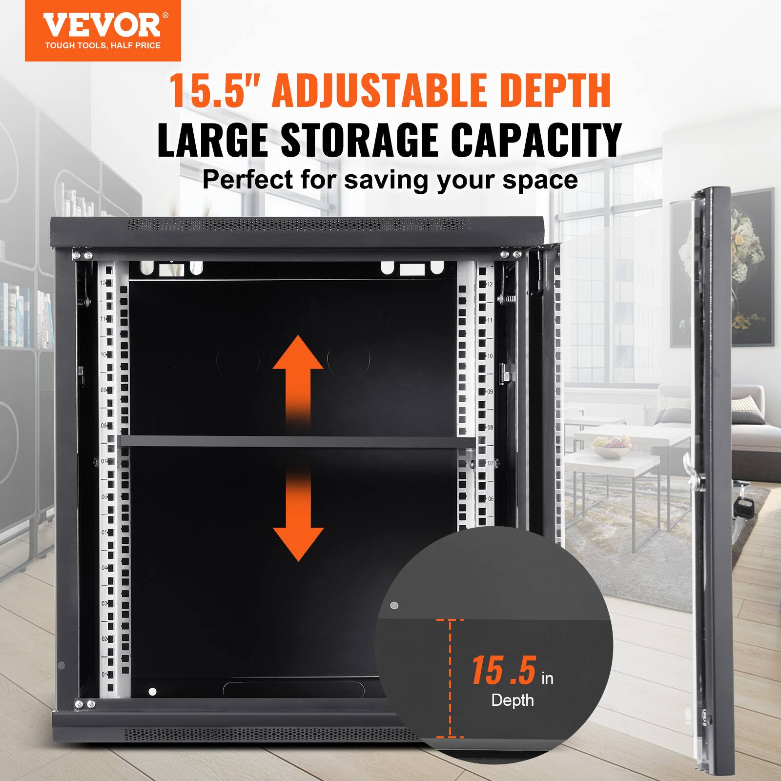 VEVOR  
TOUGH TOOLS, HALF PRICE  

15.5" ADJUSTABLE DEPTH  
LARGE STORAGE CAPACITY  
Perfect for saving your space  

15.5 in Depth