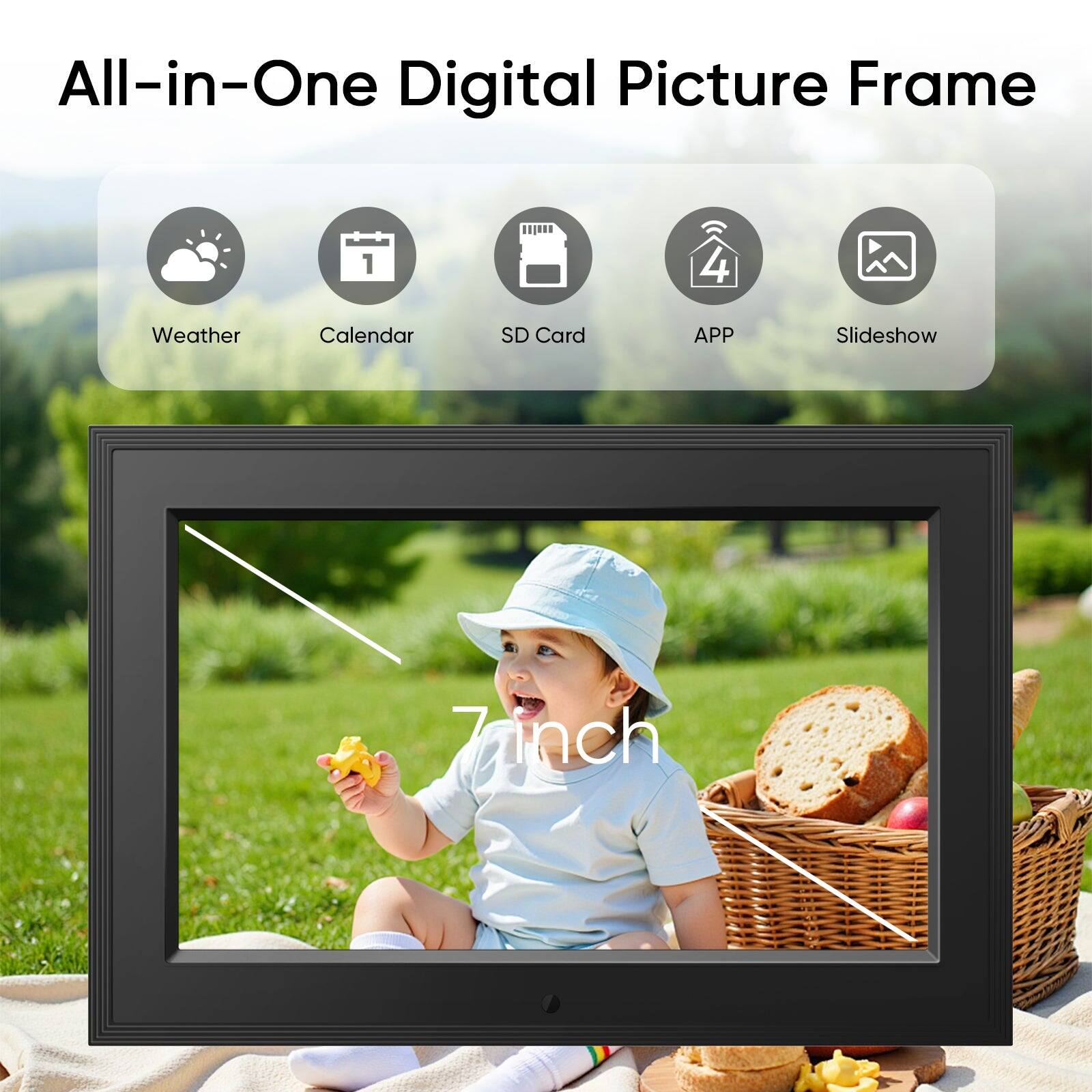 All-in-One Digital Picture Frame 7" Weather Calendar SD Card APP Slideshow