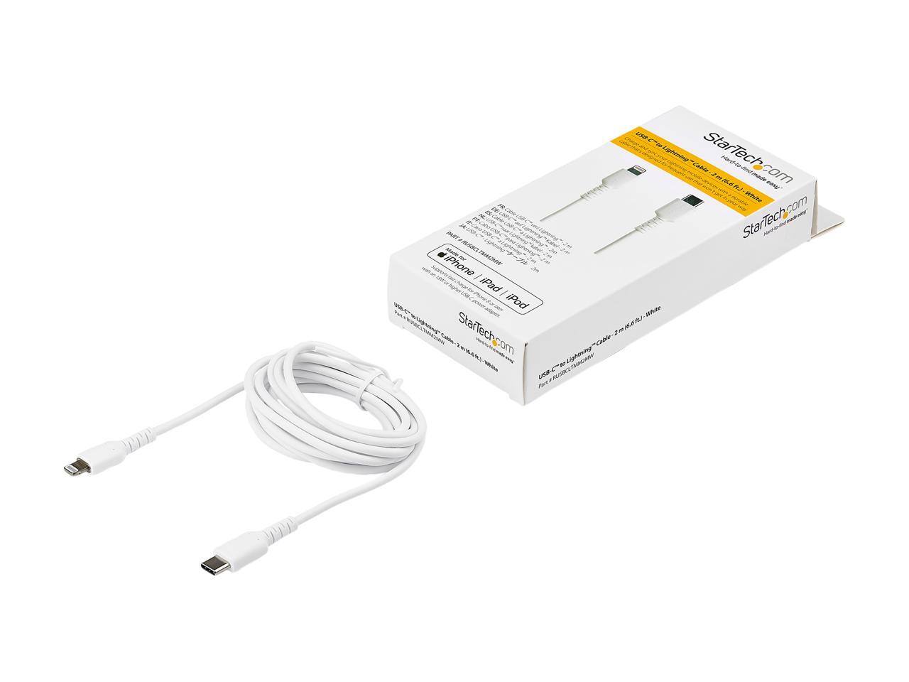 StarTech.com  
USB-C to Lightning Cable - 2m (6.6ft) - White  
For iPhone | iPad | iPod  
Part No: USB2LGT2M-WH  
StarTech.com  
Hardwired for mobile devices