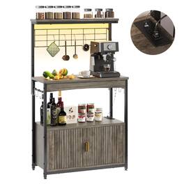 Bestier - 45-55" Adjustable Kitchen Stand Power Outlet, Storage, LED Light & 10 S-Hooks-Microwave Coffee Bar Cabinet - Gray
