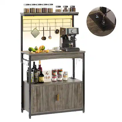 Front. Bestier - Bestier 45-55" Adjustable Kitchen Stand Power Outlet, Storage, LED Light & 10 S-Hooks-Microwave Coffee Bar Cabinet - Grey.
