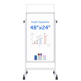HOMLUX - Rolling Bulletin Boards, 48 x 24 Height Adjustable Whiteboard on Wheels, Standing Mobile Board, Double-Sided with Stand - White