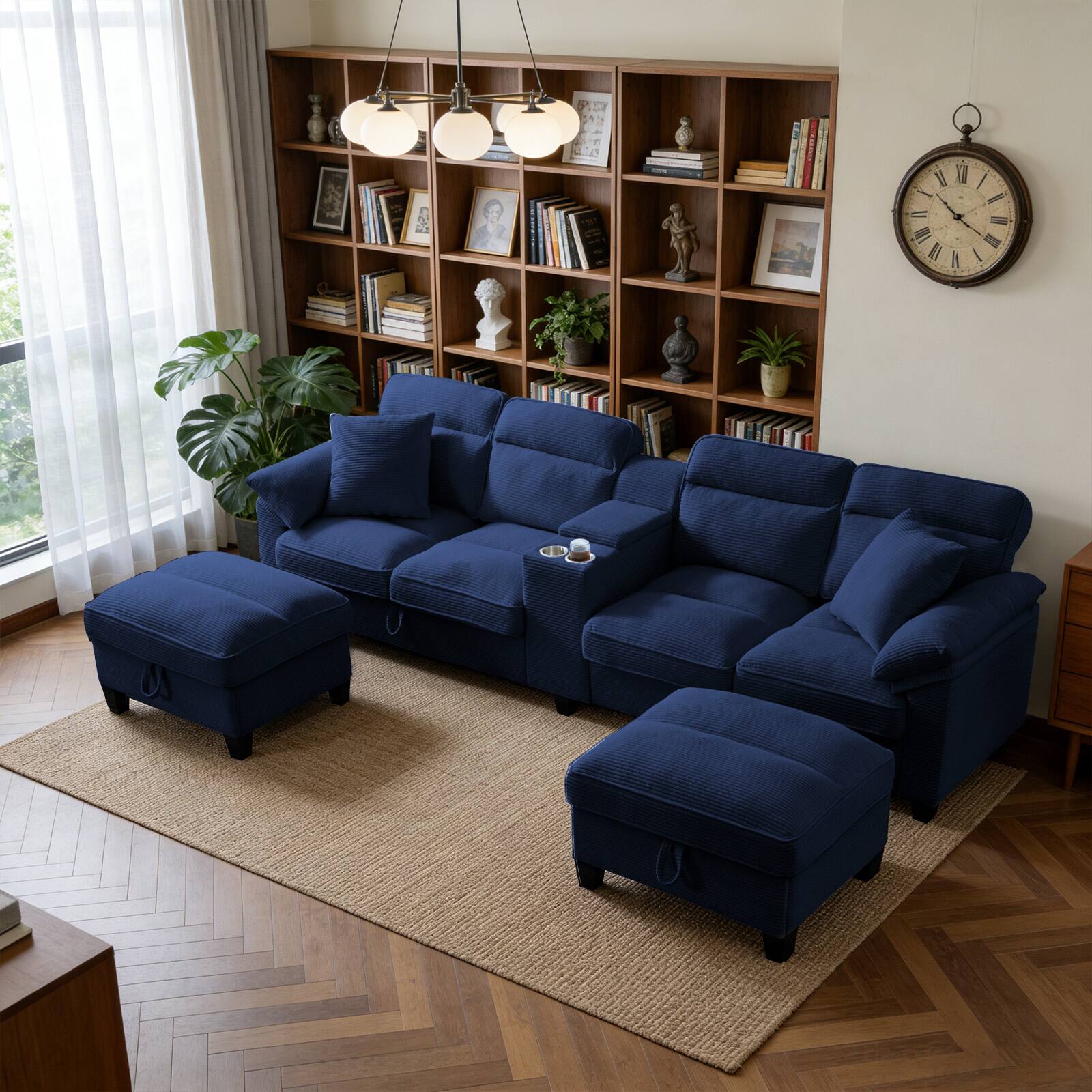 Angle. Electra Tech Xpress - Sectional Couches for Living Room with 2 Cup Holders,Corduroy Modular Sectional Sofa with Movable and Storable Ottoman - DARY BLUE.