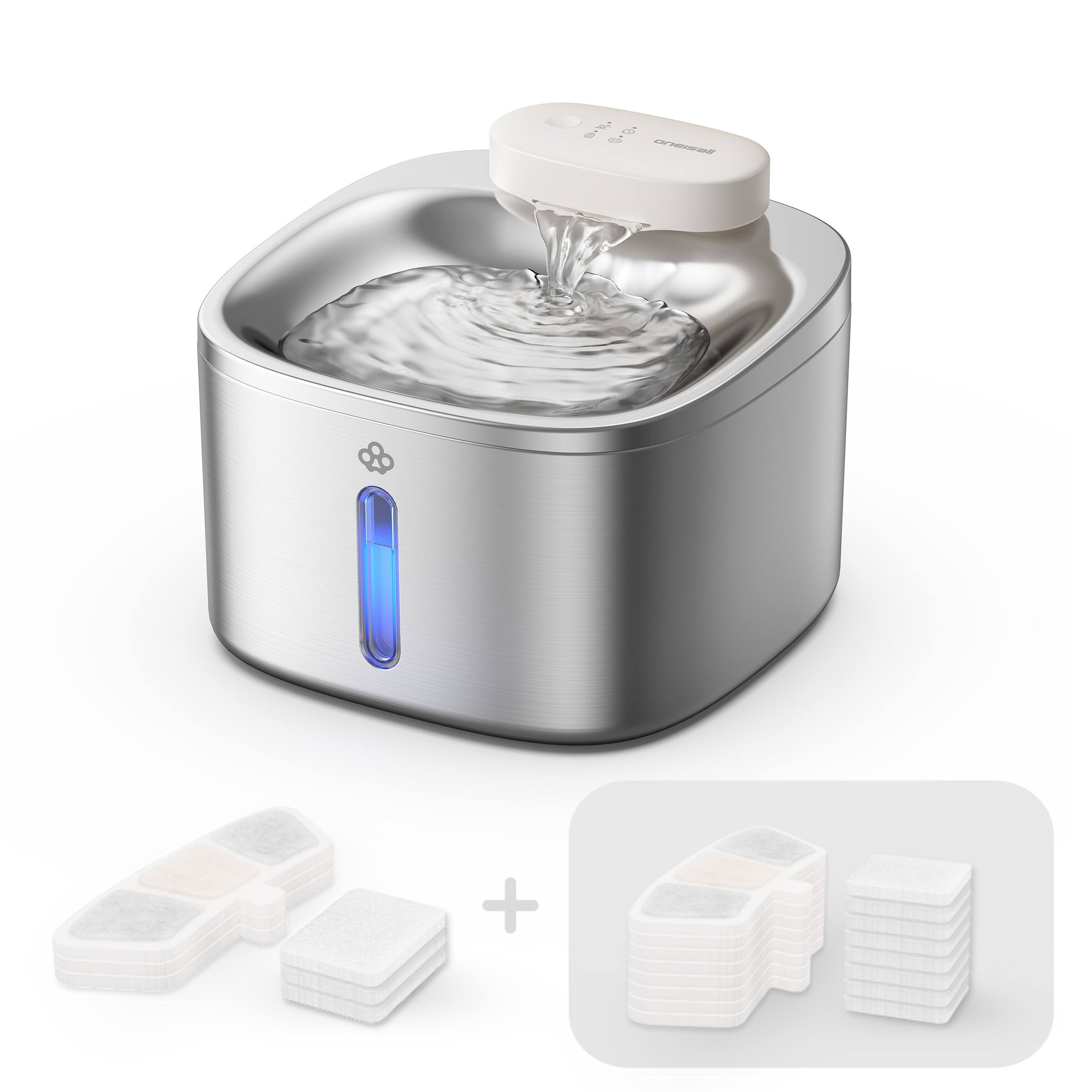 Oneisall - 3.5L 118oz Wireless Automatic Cat Water Fountain Bowl Motion Sensor 5 Layer Filtration with 11 Filters - Stainless Steel