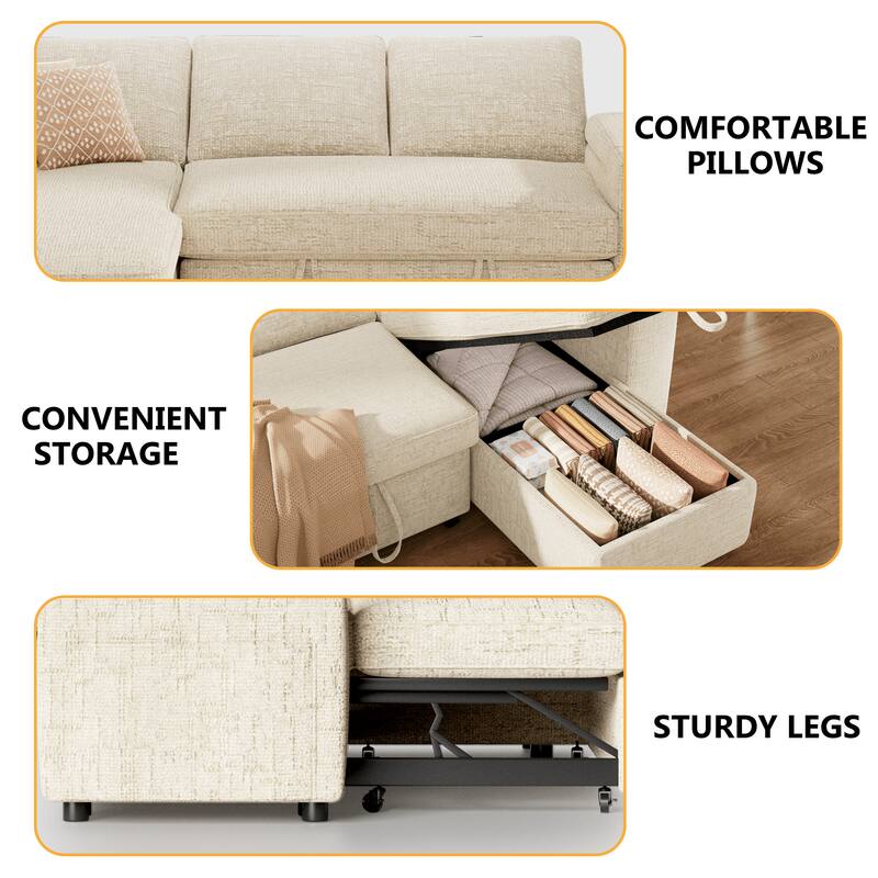 - COMFORTABLE PILLOWS
- CONVENIENT STORAGE
- STURDY LEGS