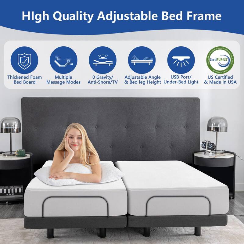 High Quality Adjustable Bed Frame

PERRLE CertiPUR-US

Thickened Foam
Multiple Massage Modes
0 Gravity/Anti-Snore/TV
Adjustable Angle & Bed leg Height
USB Port/ Under-Bed Light
US Certified & Made in USA

10 39 CEREAL