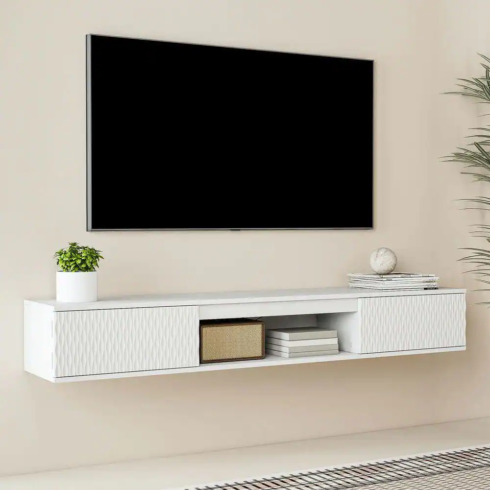 Kadyn - Wall-Mounted Floating TV Stand with LED Lighting and Textured Wave Design - White