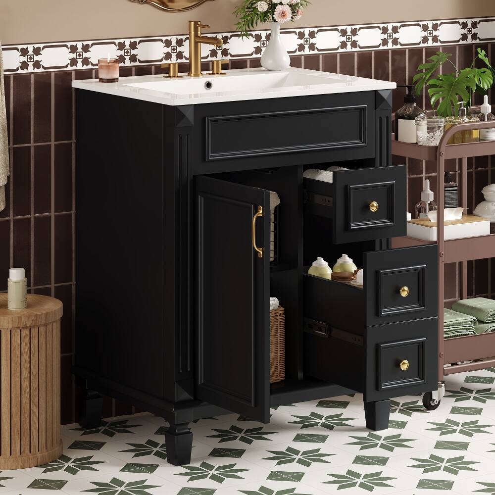 Back. Loheer - Loheer 24 inch bathroom vanity with sink, small bathroom sink cabinet with 2 drawers, black - Black.
