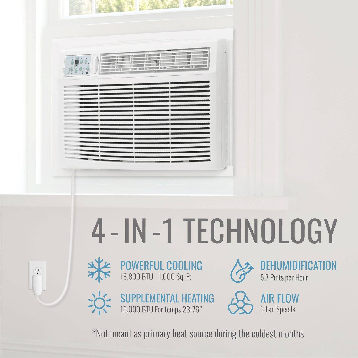 4-IN-1 TECHNOLOGY

- POWERFUL COOLING
  - 18,800 BTU - 1,000 Sq. Ft.

- DEHUMIDIFICATION
  - 5.7 Pints per Hour

- SUPPLEMENTAL HEATING
  - 16,000 BTU For temps 23-76°

- AIR FLOW
  - 3 Fan Speeds

*Not meant as primary heat source during the coldest months