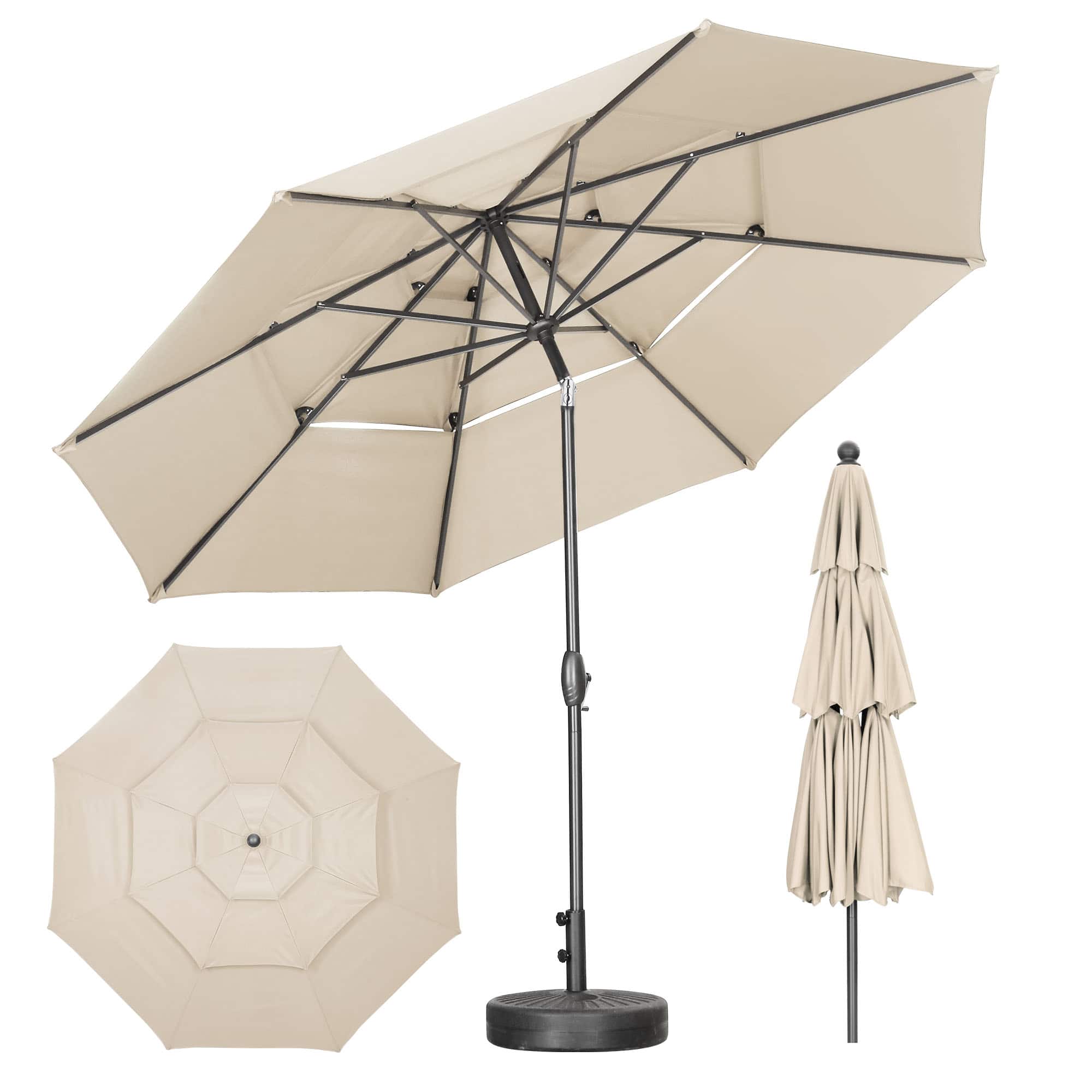 Ainfox - 10 FT 3-Tier Patio Umbrella with Base Outdoor Market Umbrella with Crank and Tilt for Garden Lawn Backyard Pool - Khaki