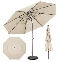 Ainfox - 10 FT 3-Tier Patio Umbrella with Base Outdoor Market Umbrella with Crank and Tilt for Garden Lawn Backyard Pool - Khaki