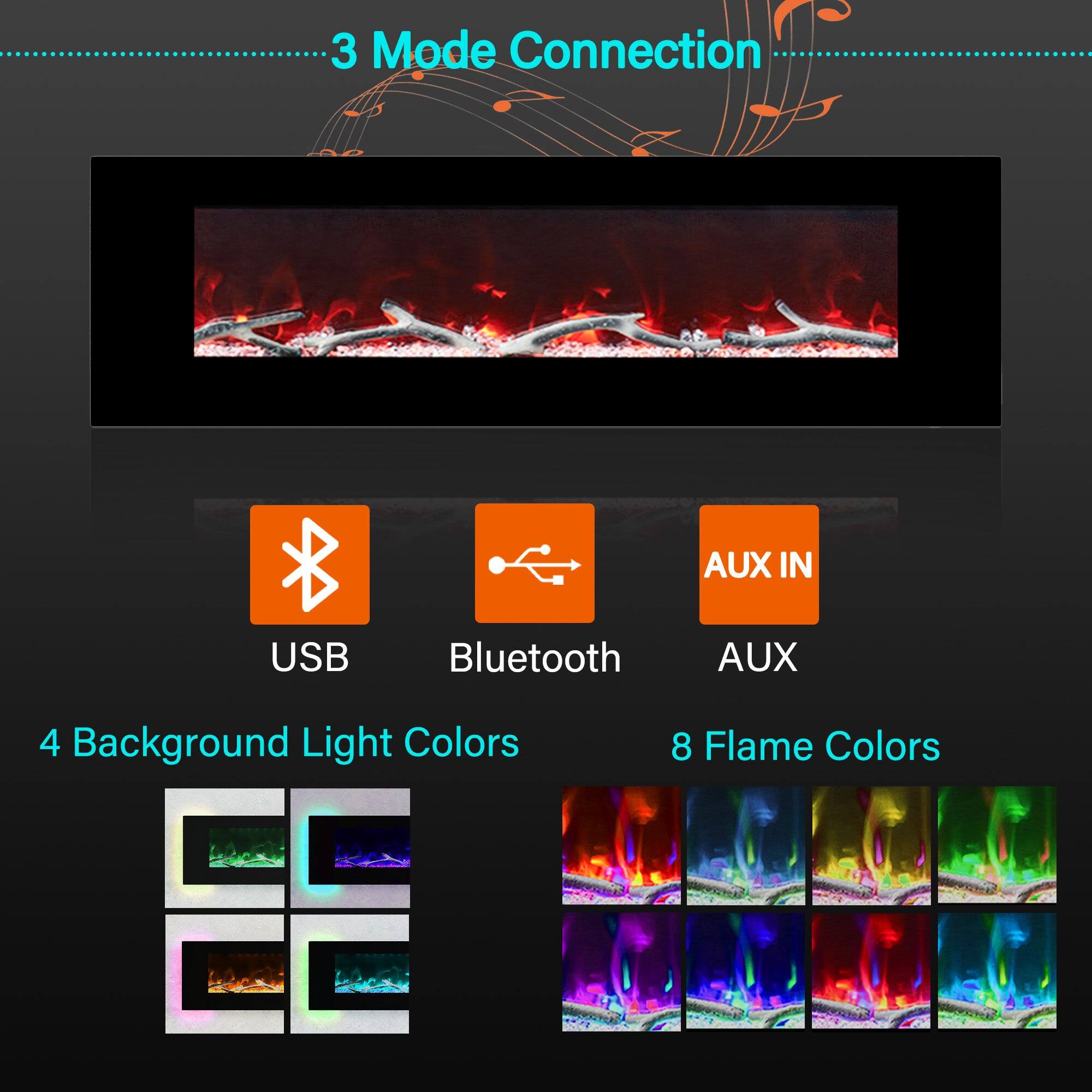 3 Mode Connection
USB Bluetooth AUX
4 Background Light Colors
8 Flame Colors
