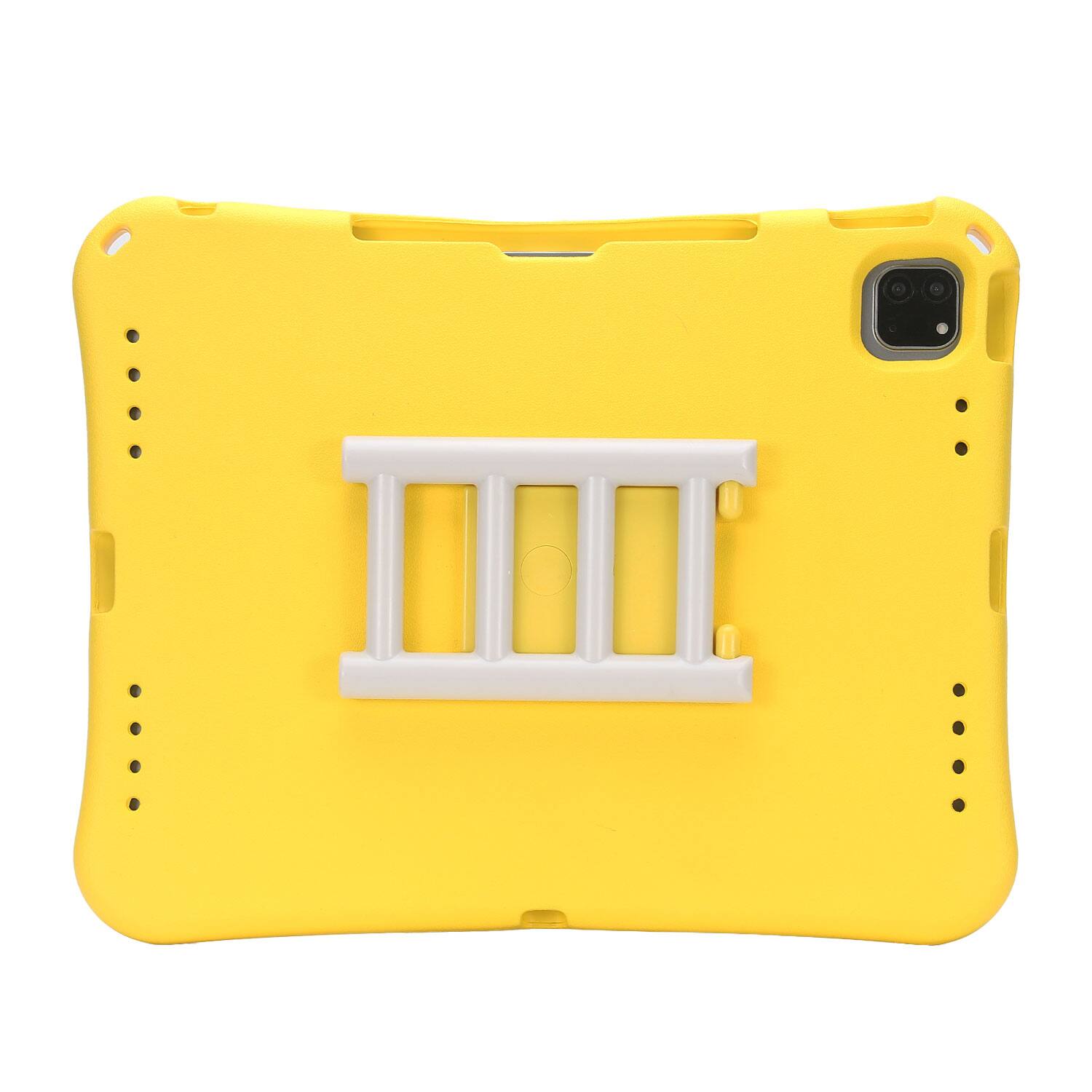 The image shows a yellow phone case with a white handle attachment in the center.