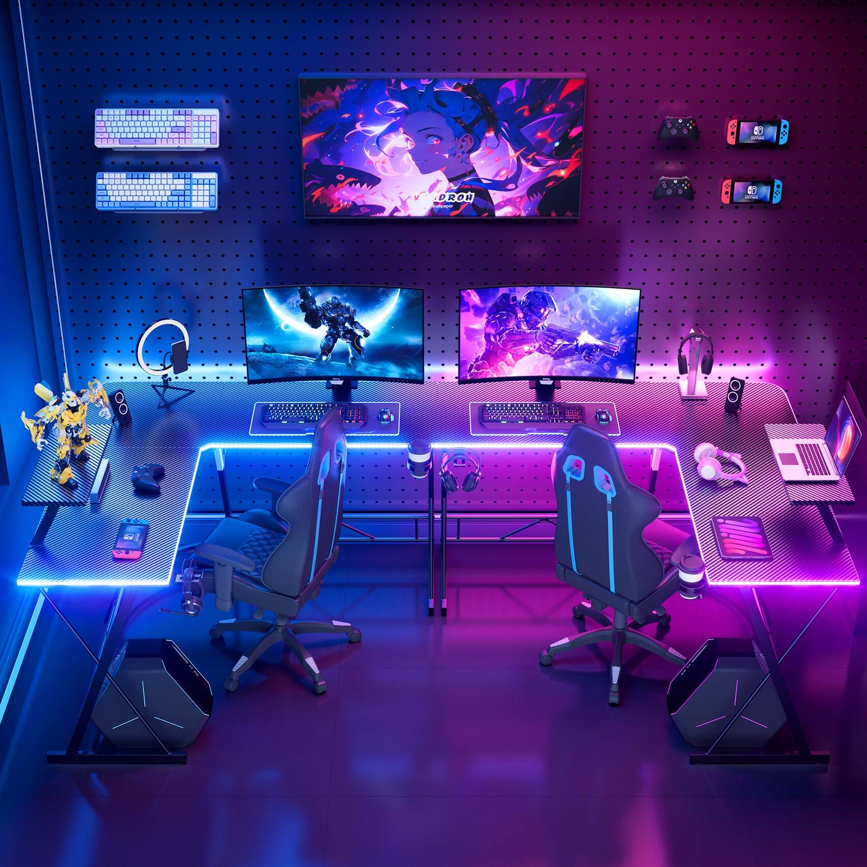 Alt View 5. COQOOL - Gaming Desk with LED Lights, Computer Desk Home Office Desks with Large Monitor Stand, Carbon Fiber Surface, 51 Inch - Black.