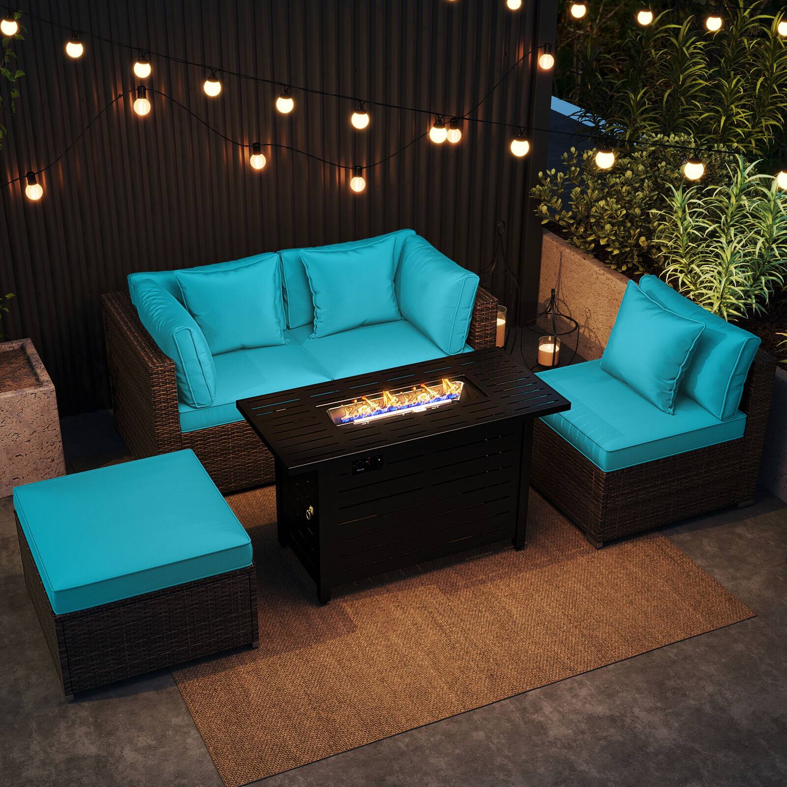Alt View 1. Costway - Costway 5 PCS Patio Furniture Set Heavy-duty Frame Rattan Sofa Set with 60,000 BTU Firepit Table - Turquoise.