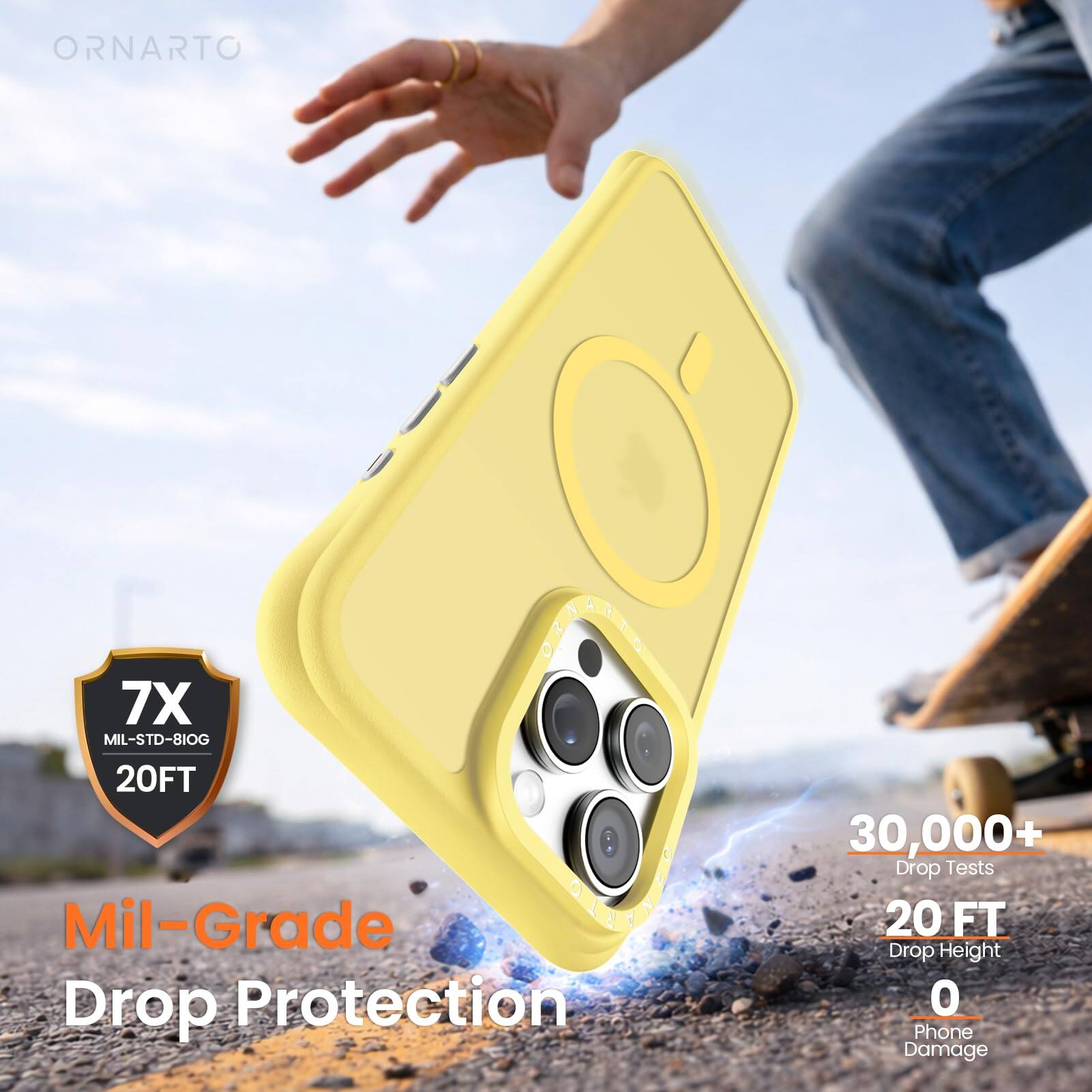 ORNARTO 7X MIL-STD-810G 20FT Mil-Grade C Drop Protection 30,000+ Drop Tests 20 FT Drop Height 0 Phone Damage