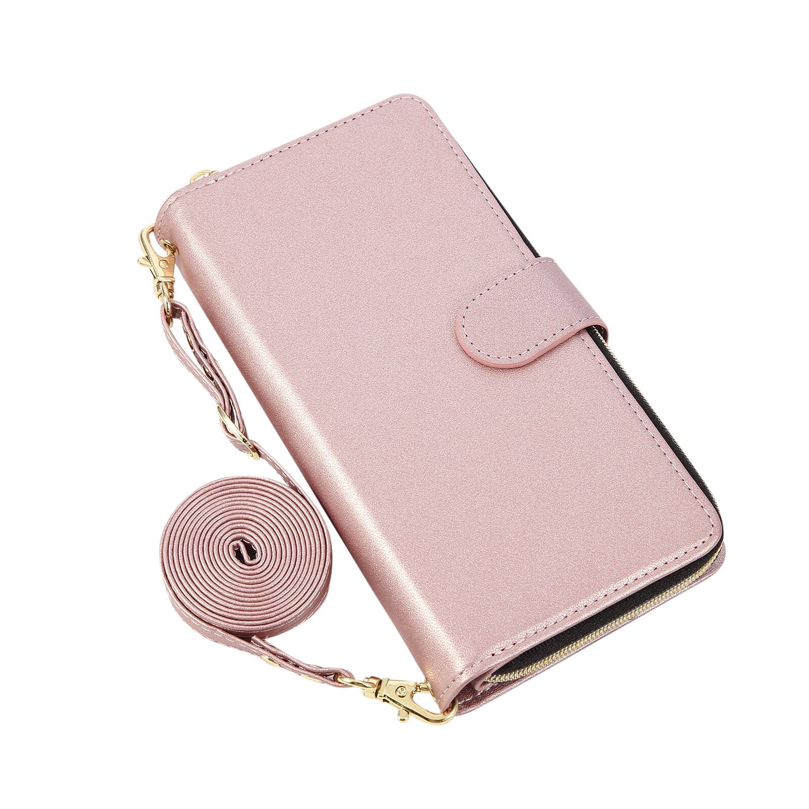 Alt View 3. Dteck - Crossbody Wallet Case for Apple iPhone 17 Pro, Shockproof Zipper Pocket PU Leather Folio Cover with 9 Card Slots - Rosegold.