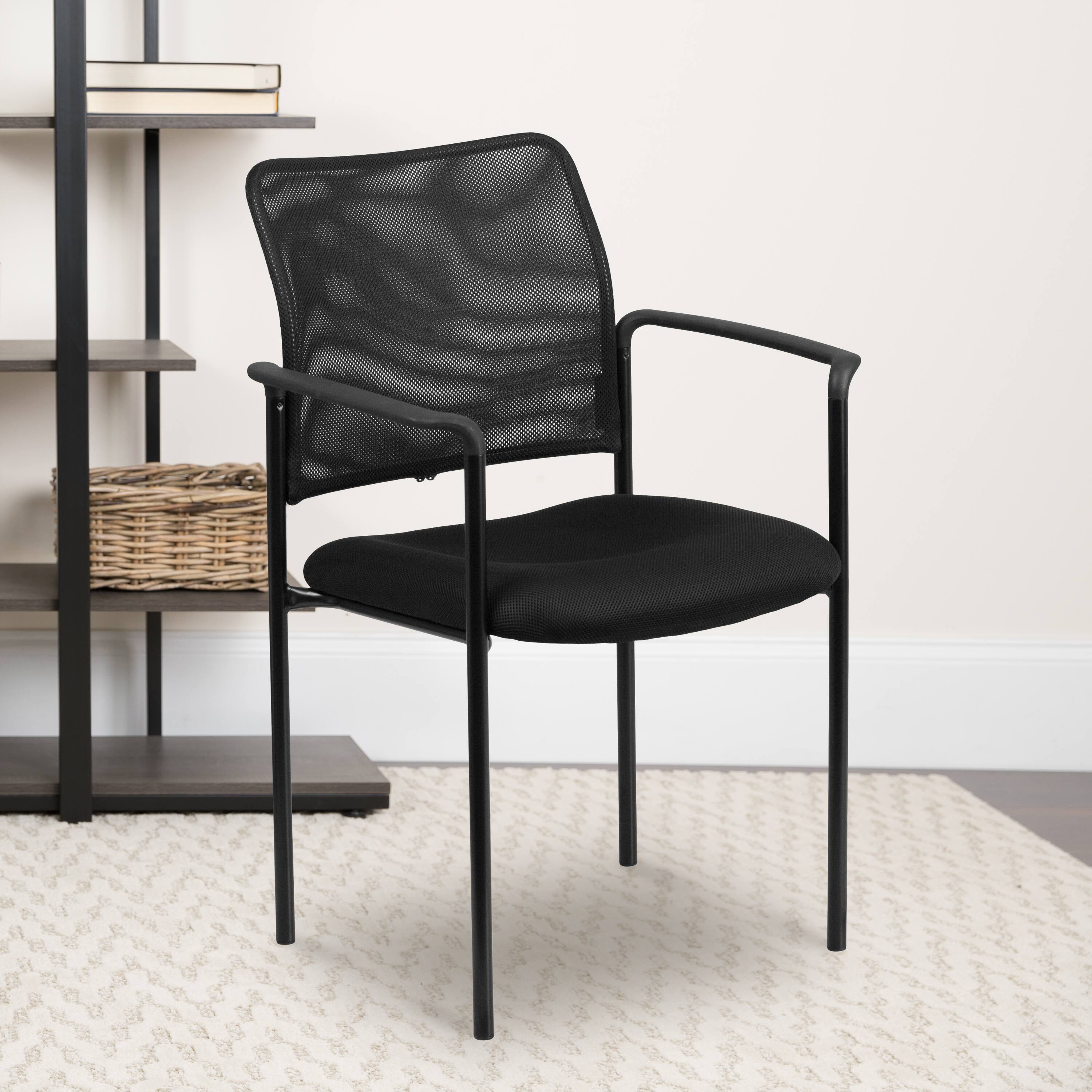 Alt View 1. Emma + Oliver - Mesh Comfortable Stackable Steel Side Chair with Arms - Black.
