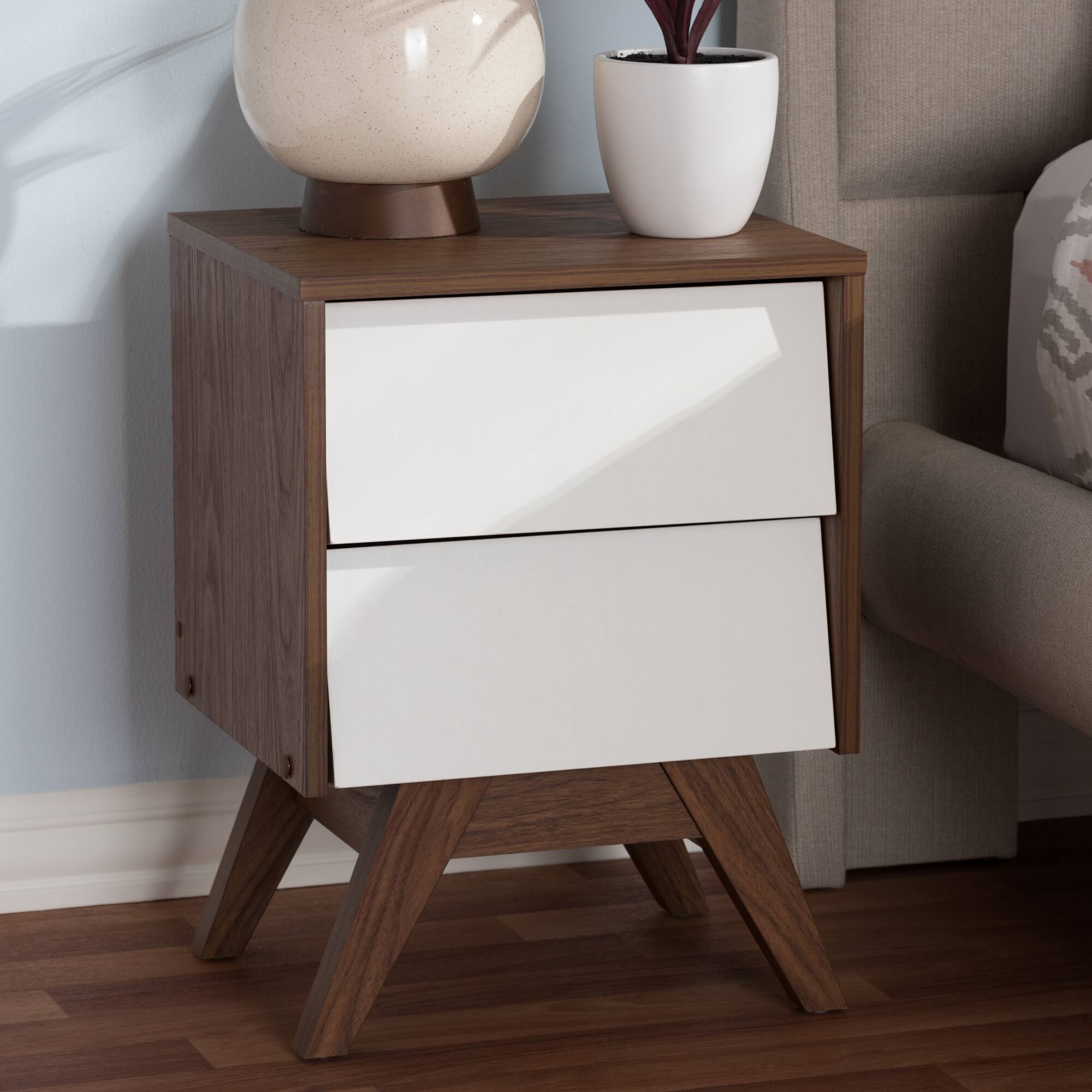 Alt View 1. Baxton Studio - Hildon Mid-Century Modern Wood 2-Drawer Storage Nightstand - White/"Walnut" Brown.
