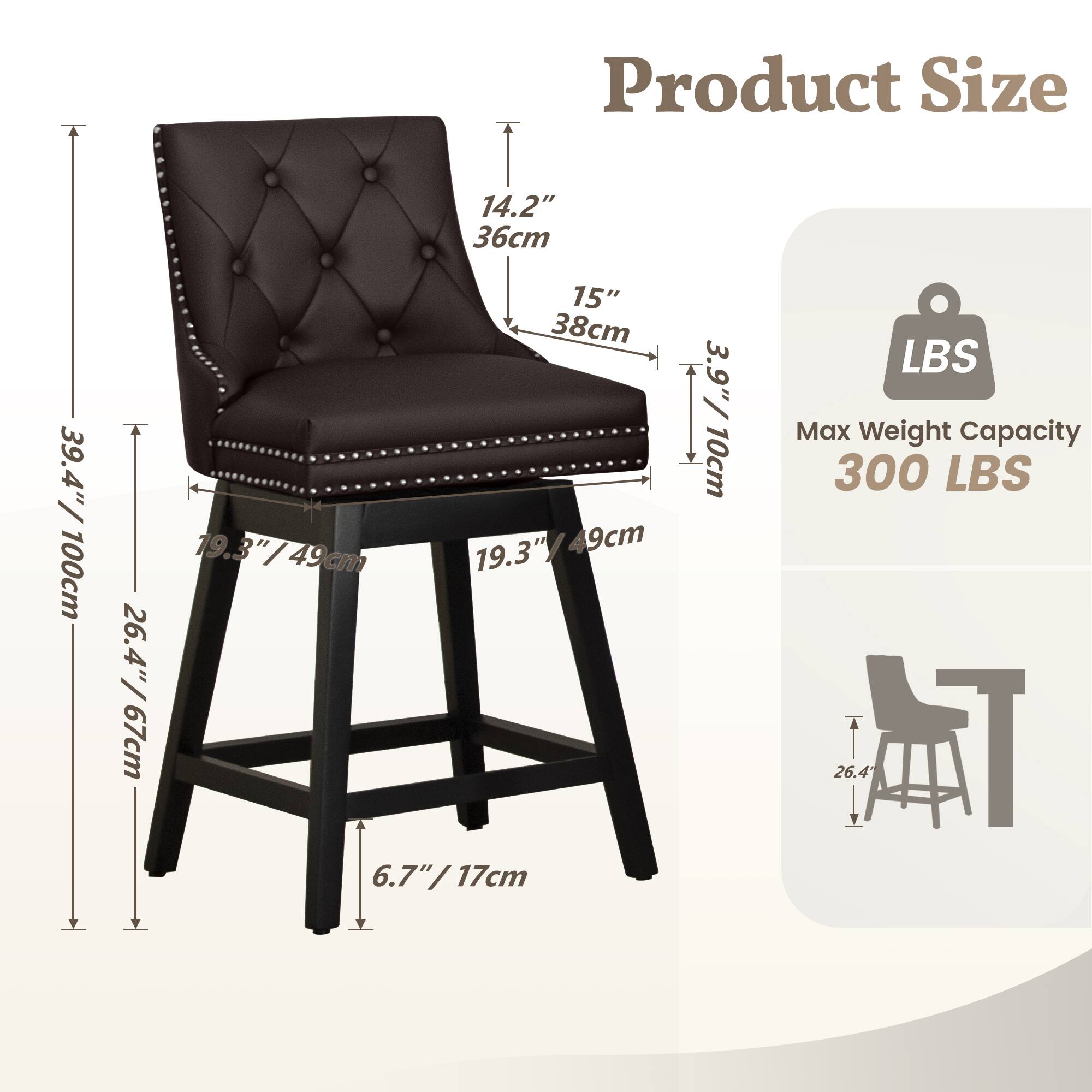 Product Size  
14.2" / 36cm  
15" / 38cm  
3.9" / 10cm  
19.3" / 49cm  
39.4" / 100cm  
26.4" / 67cm  
6.7" / 17cm  

Max Weight Capacity  
300 LBS