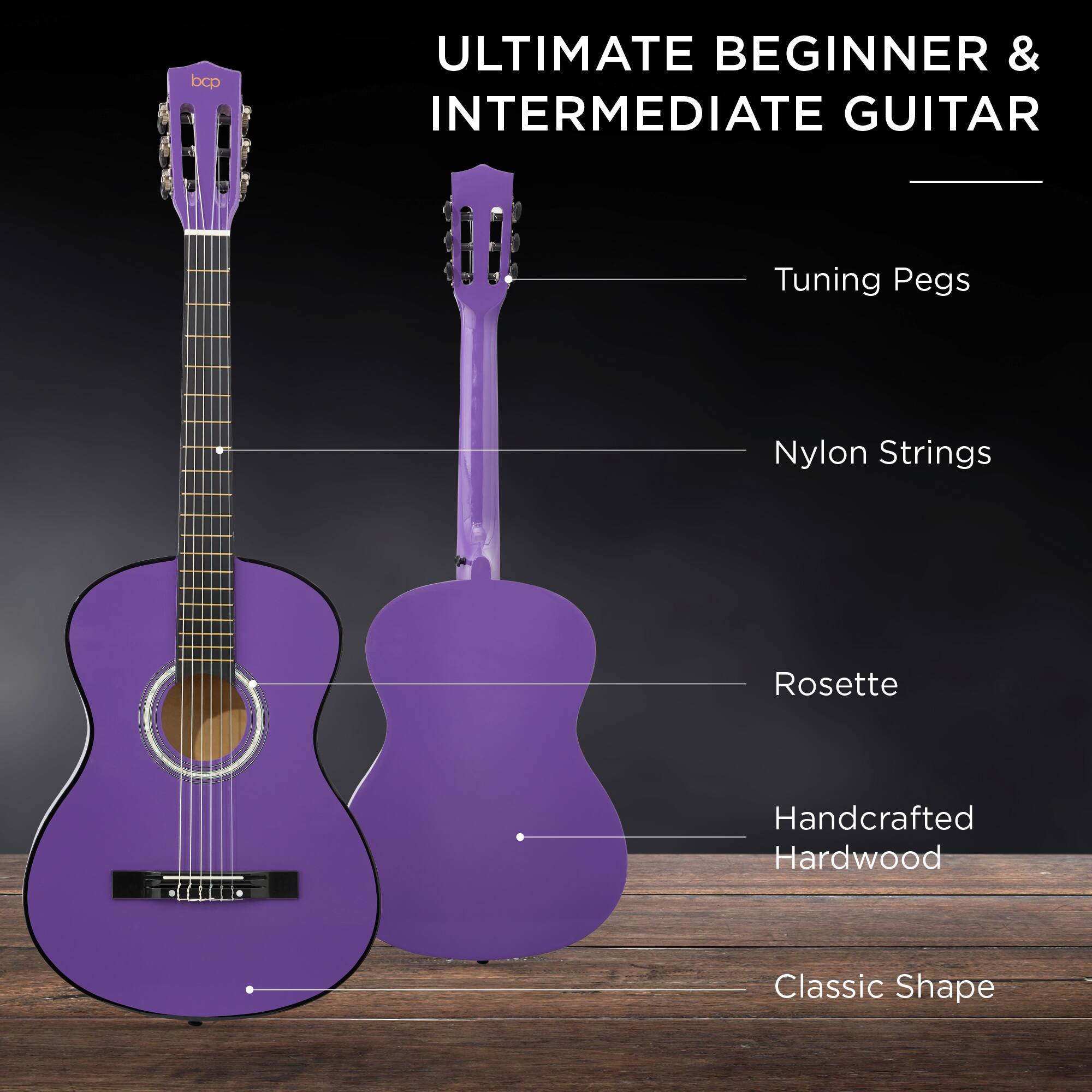 ULTIMATE BEGINNER & INTERMEDIATE GUITAR

- Tuning Pegs
- Nylon Strings
- Rosette
- Handcrafted Hardwood
- Classic Shape