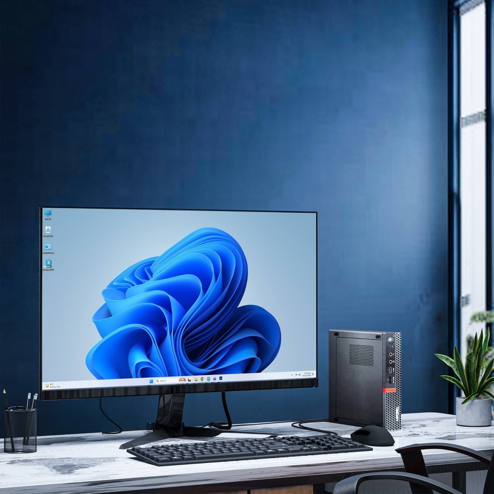 Alt View 1. Lenovo - Tiny Desktop PC M-Series | AMD Ryzen 5 3400GE | 3.3GHz | 16GB DRR4 Ram | 128GB + 500GB HDD | Wi-Fi | KB & Mouse | Win11 - Black.