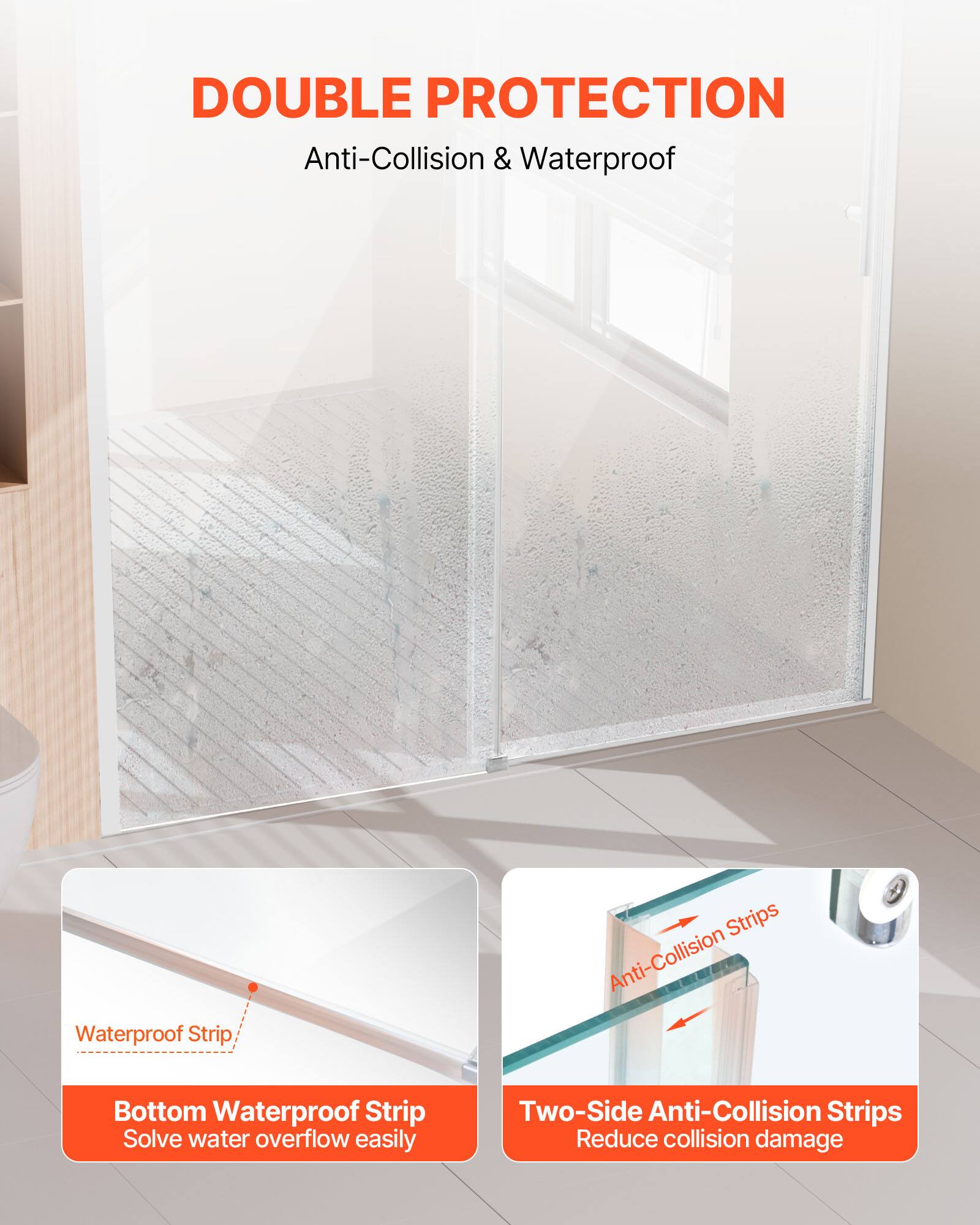 DOUBLE PROTECTION  
Anti-Collision & Waterproof  

Waterproof Strip  
Bottom Waterproof Strip  
Solve water overflow easily  

Two-Side Anti-Collision Strips  
Reduce collision damage
