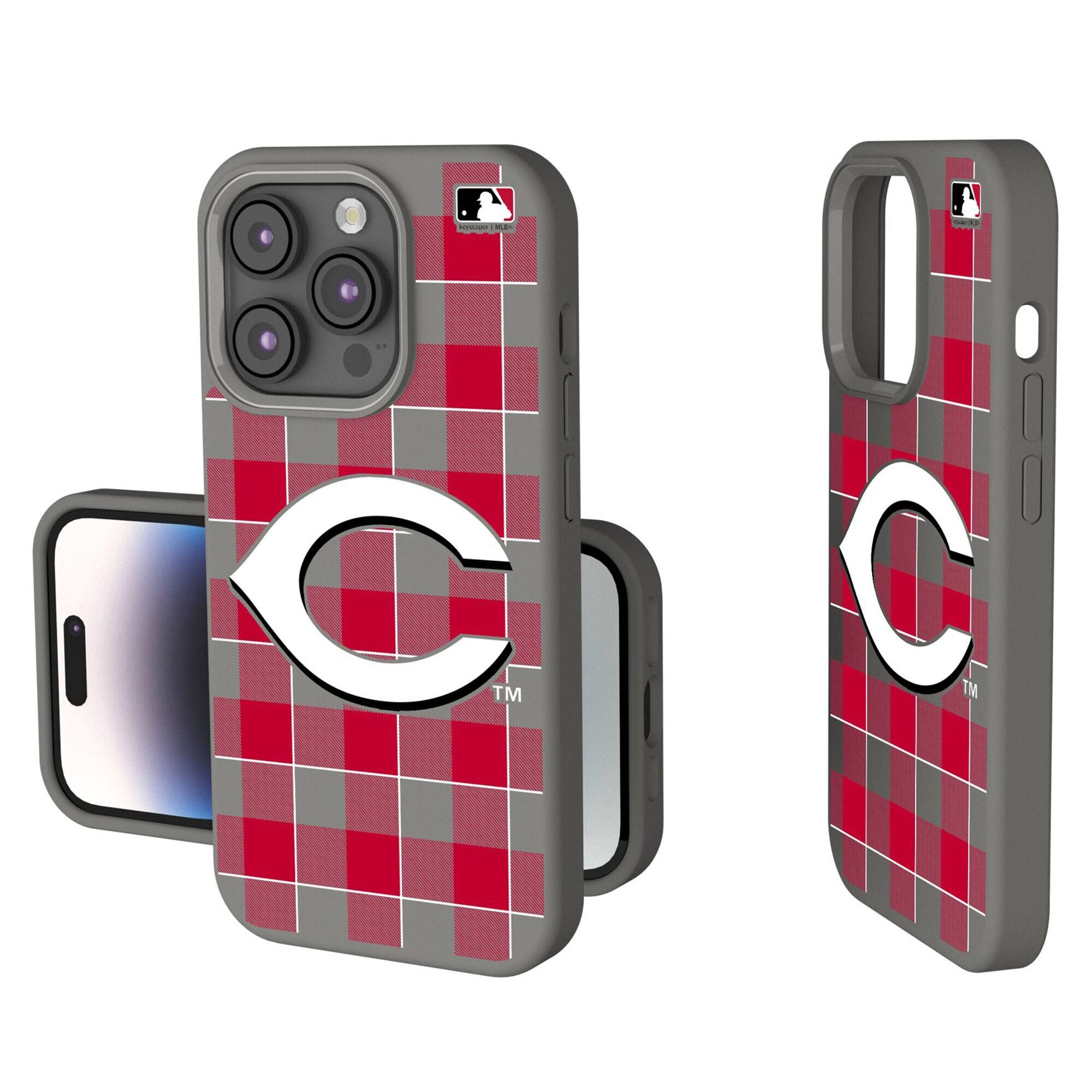 Front. Keyscaper - Cincinnati Reds Plaid Soft Touch iPhone Case - 14 Plus - Gray.