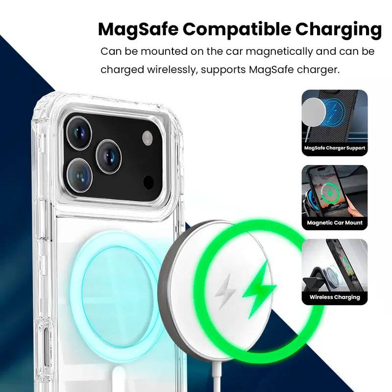 MagSafe Compatible Charging  
Can be mounted on the car magnetically and can be charged wirelessly, supports MagSafe charger.  

MagSafe Charger Support  
Magnetic Car Mount  
Wireless Charging
