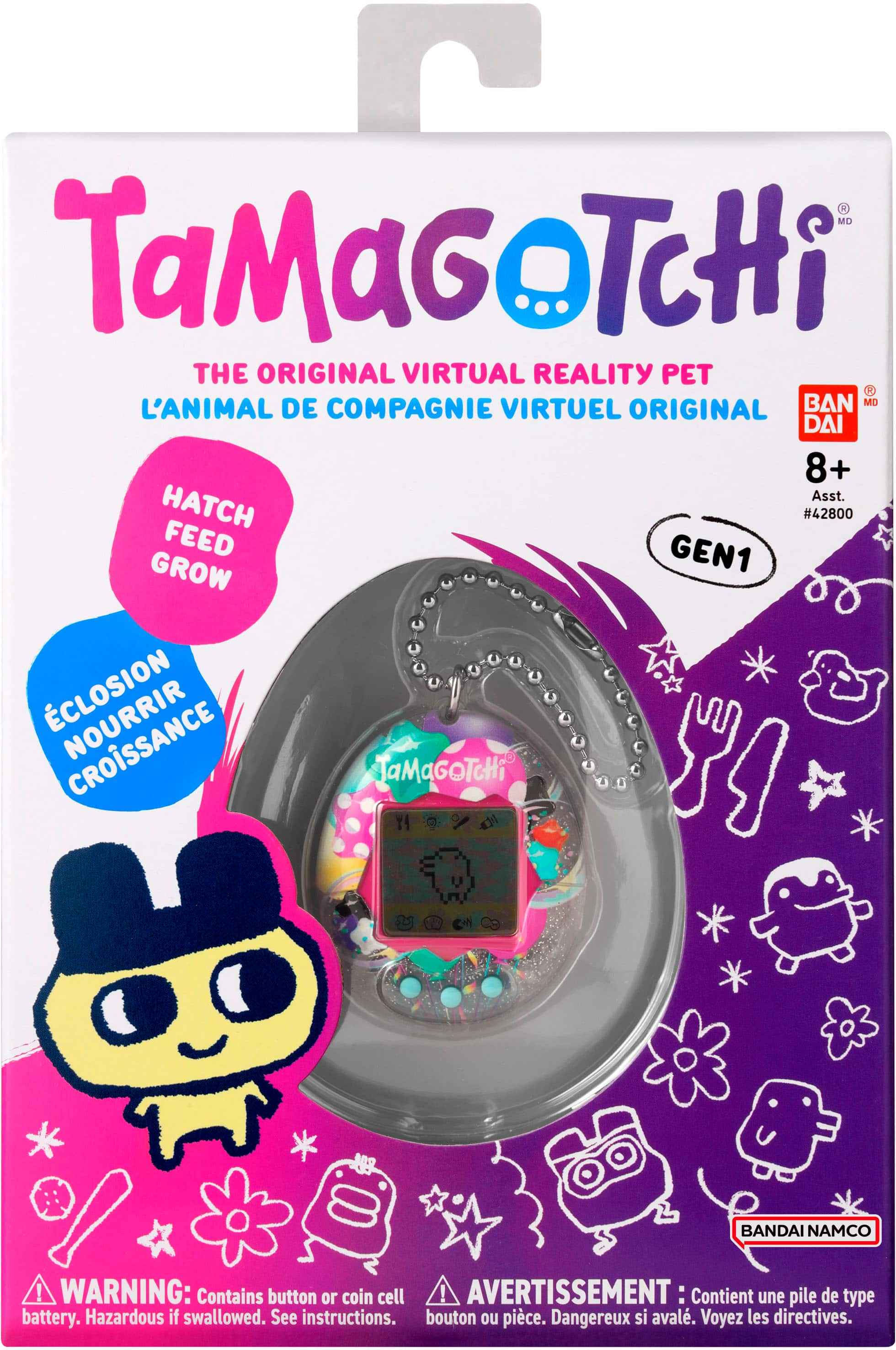 TaMaGoTcHi is the original virtual reality pet. It comes in a box with a picture of the pet on it. The pet is designed to be an animal de compagnie virtuel, which means it is a virtual pet that can be used as a companion. The pet is designed to grow and feed, and it comes with a hatch #42800. The package also contains a feed #1 and a grow #1. The product is intended for users who are 8 years old or older.