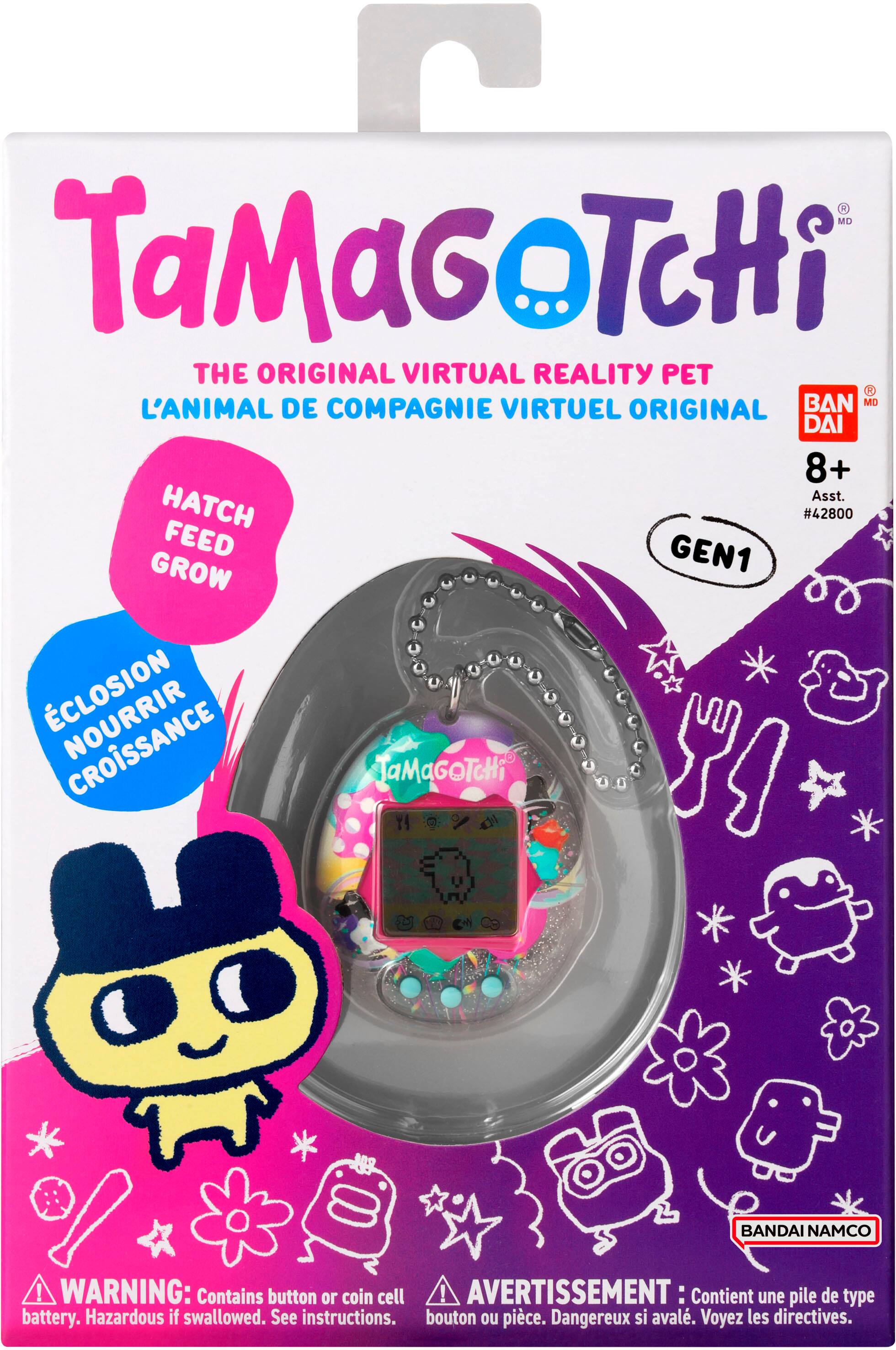 TaMaGoTcHi is the original virtual reality pet. It comes in a box with a picture of the pet on it. The pet is designed to be an animal de compagnie virtuel, which means it is a virtual pet that can be used as a companion. The pet is designed to grow and feed, and it comes with a hatch #42800. The package also contains a feed #1 and a grow #1. The product is intended for users who are 8 years old or older.