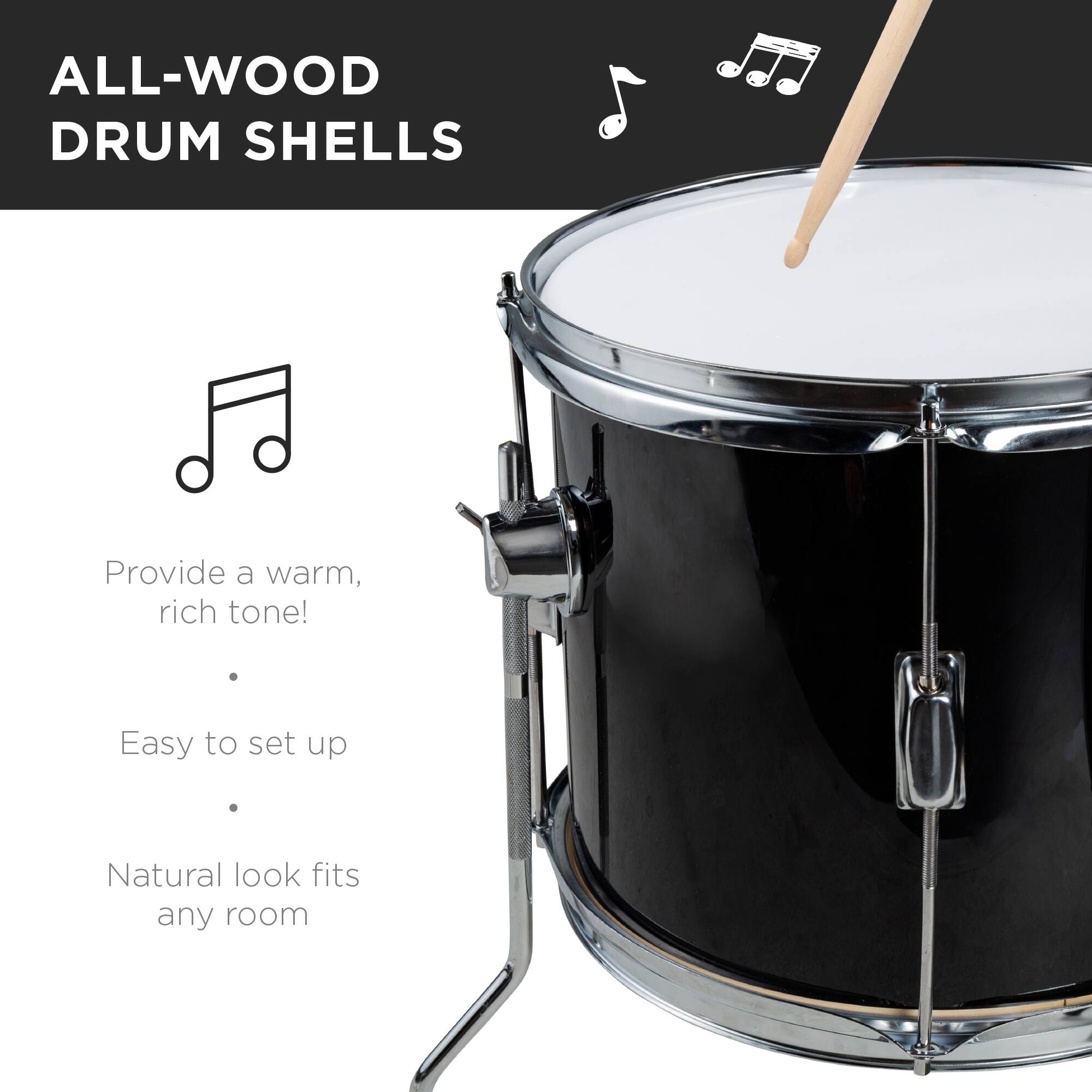 ALL-WOOD DRUM SHELLS

- Provide a warm, rich tone!
- Easy to set up
- Natural look fits any room