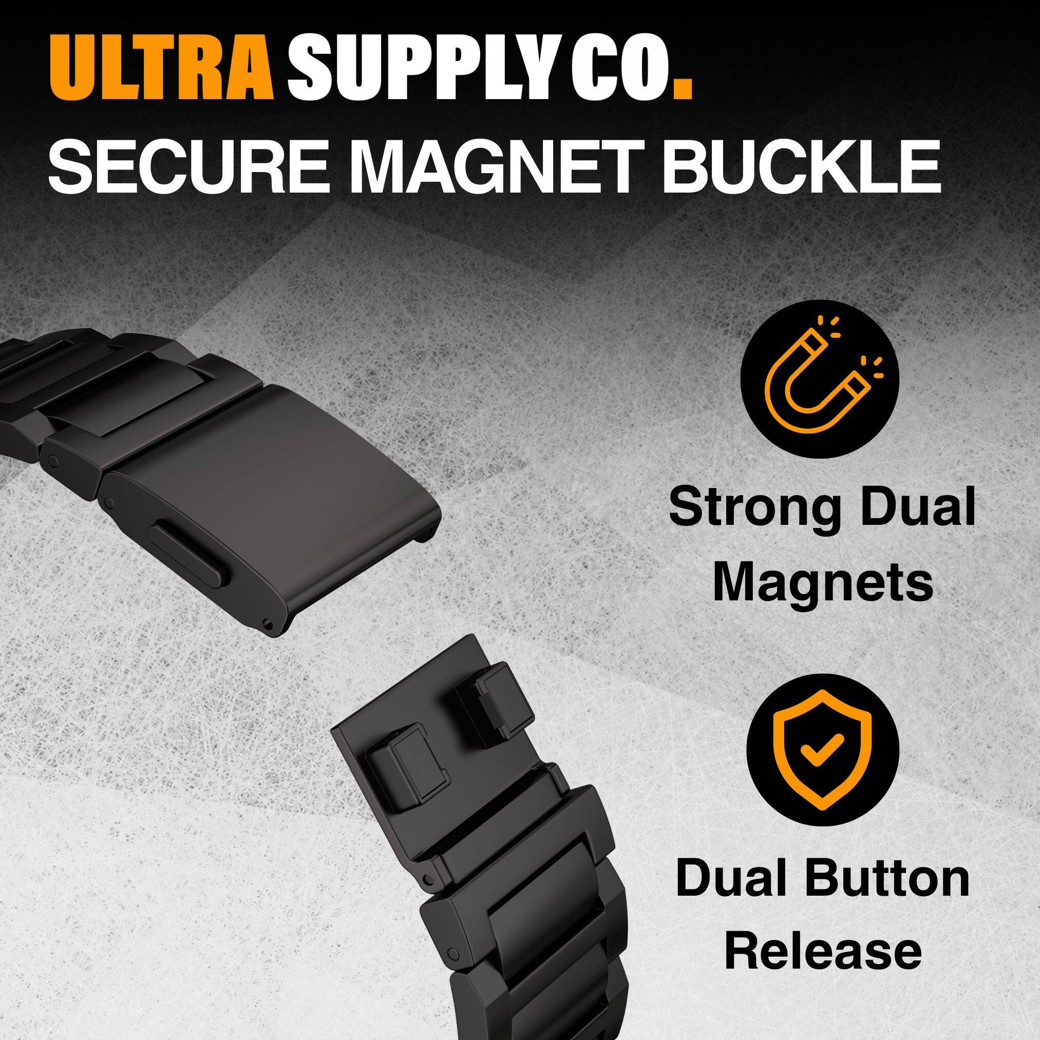 ULTRA SUPPLY CO.  
SECURE MAGNET BUCKLE  

Strong Dual Magnets  
Dual Button Release